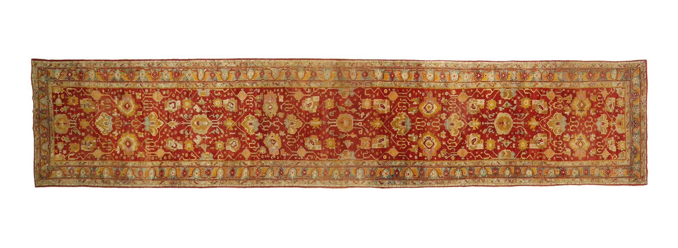 1880s Antique Turkish Oushak Rug Extra Long Hotel Lobby Size Carpet For Sale 2