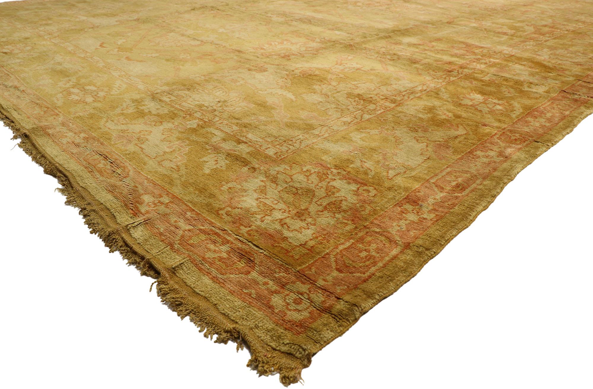 77441 late 19th century antique Turkish Oushak Palace rug with rustic Mediterranean style Emanating timeless elegance and warm, earthy colors, this hand knotted wool antique Turkish Oushak palace rug beautifully embodies a modern Mediterranean style