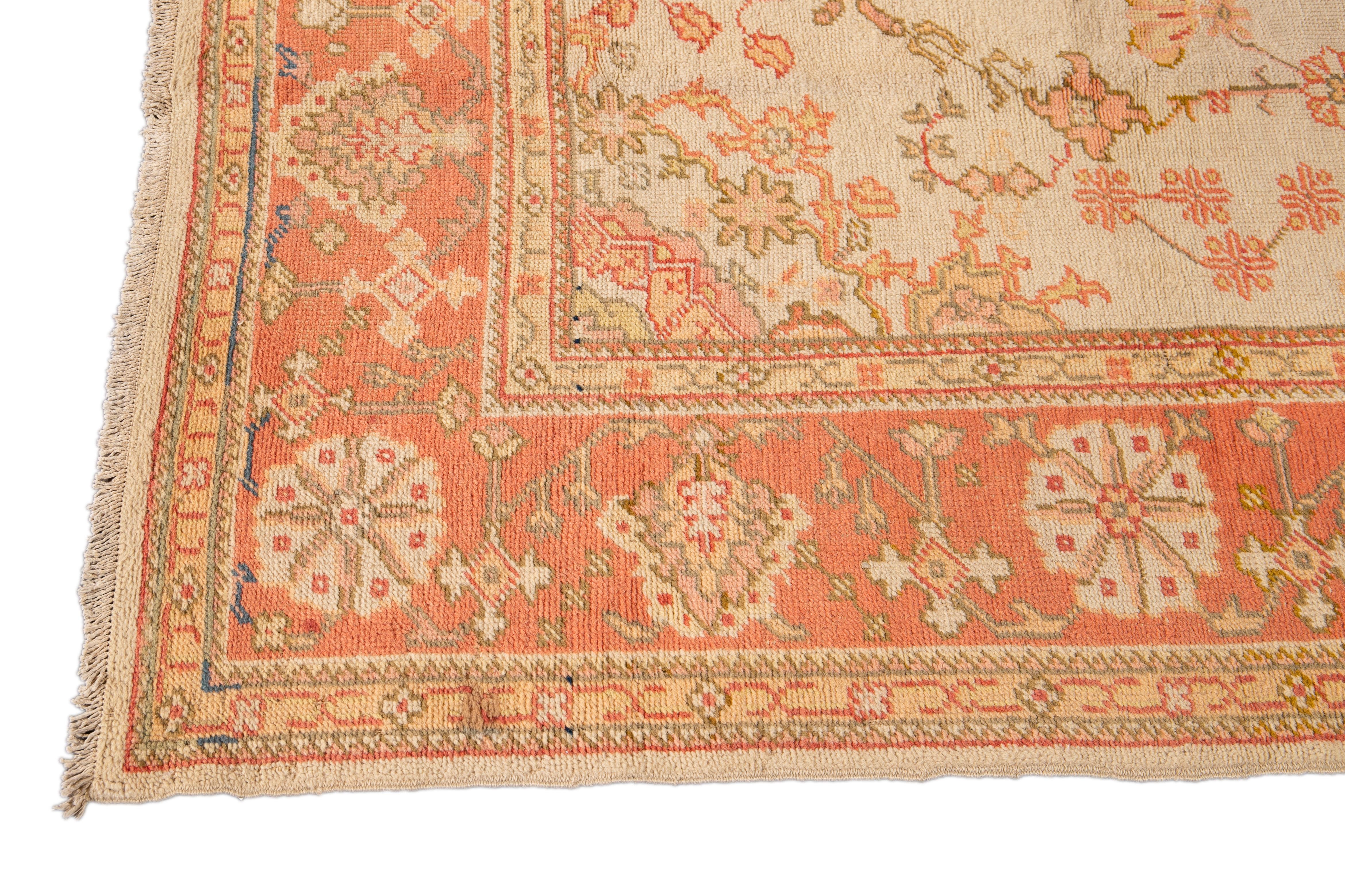 Antique Turkish Oushak Peach Handmade Medallion Motif Wool Rug In Good Condition For Sale In Norwalk, CT