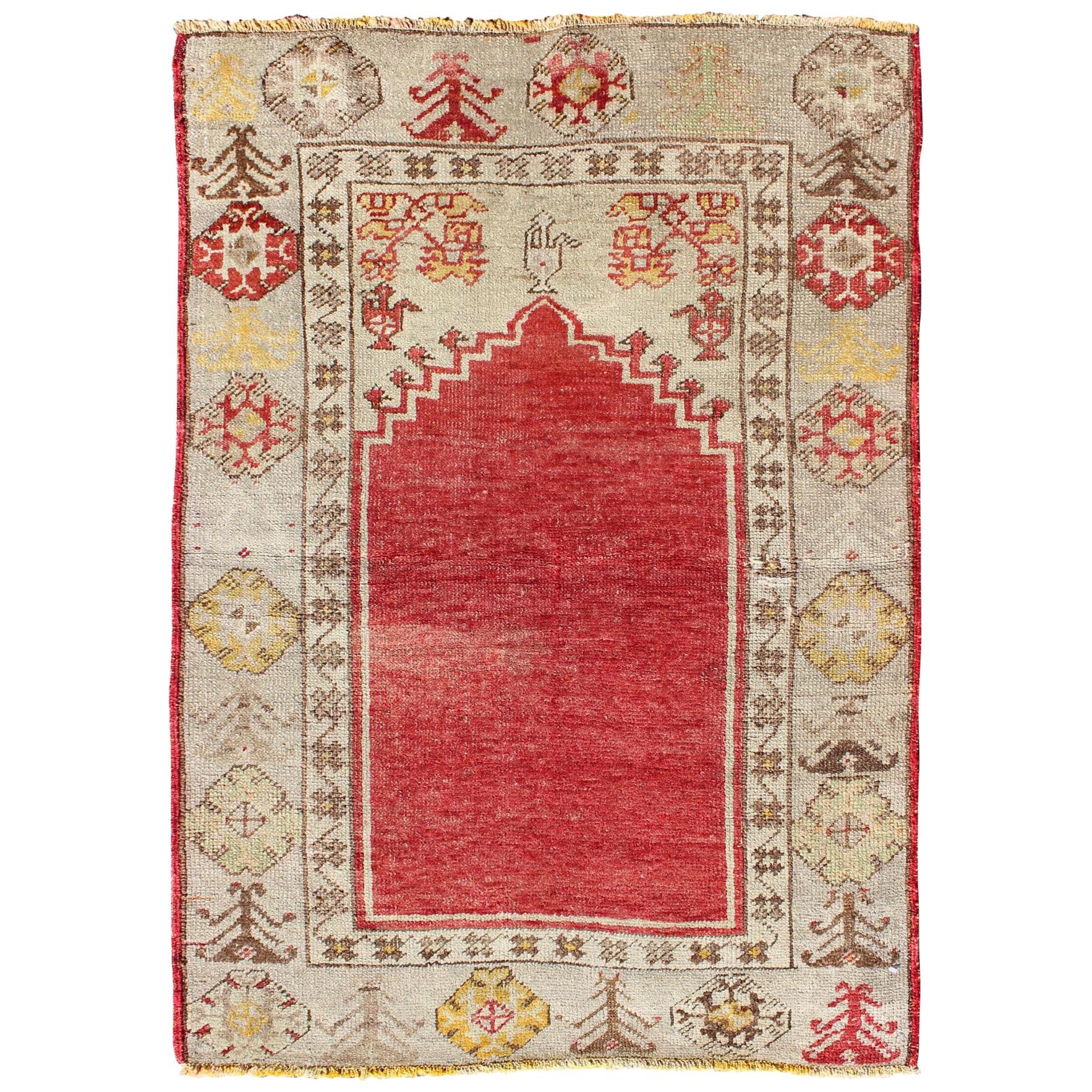 Antique Turkish Oushak Prayer Rug in Red, Ivory, Green, and Yellow