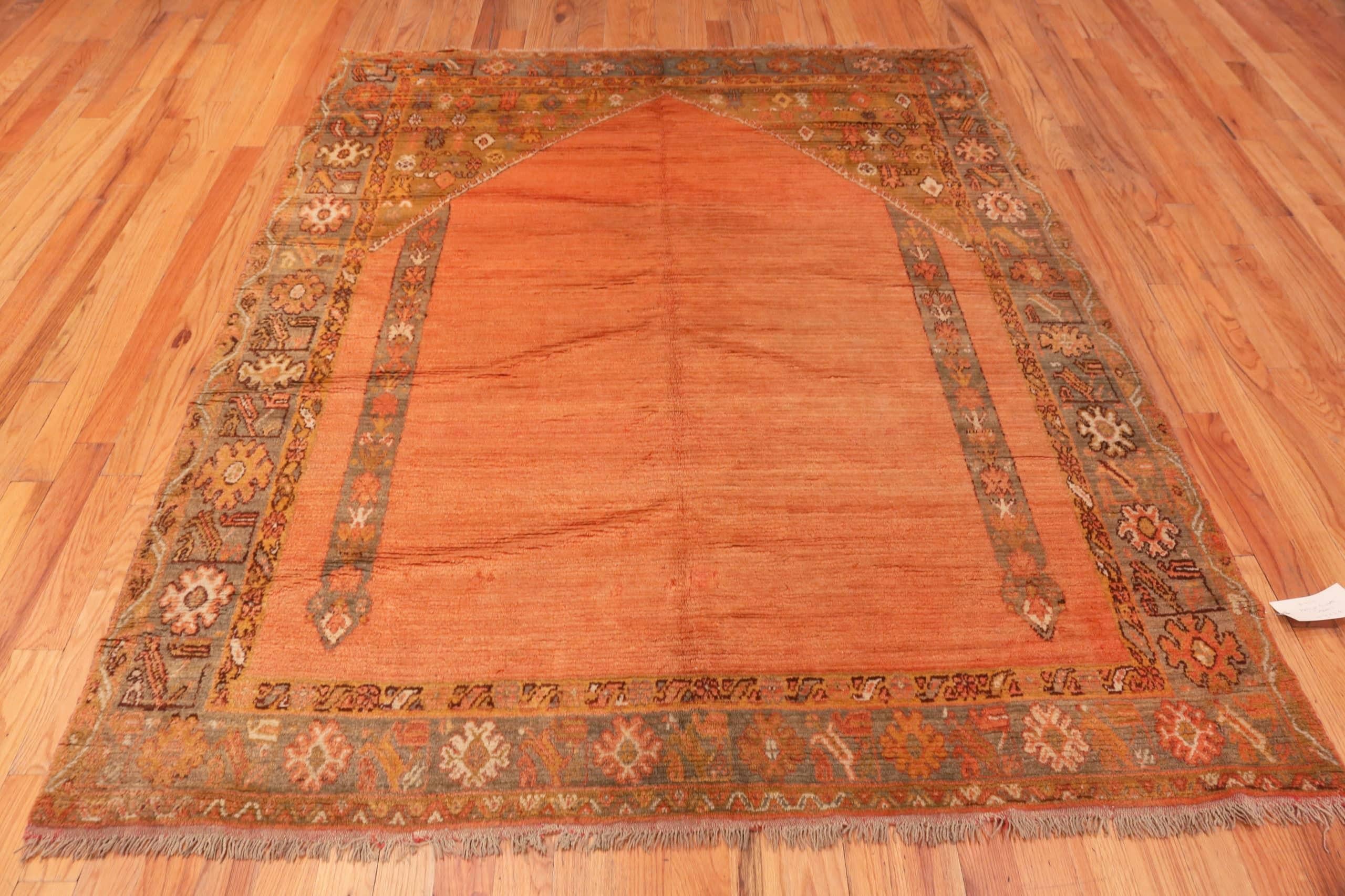 Beautiful Antique Turkish Oushak Prayer Rug, Country of Origin / Rug Type: Turkish Rugs, Circa date: 1920. Size: 6 ft 6 in x 7 ft 8 in (1.98 m x 2.34 m)

