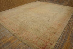 1900s Beige Medallion Antique Turkish Oushak Carpet 11' x 14'6" Knotted Wool Rug