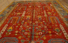 Amazing Red-Rust Color & Teal Blue Border Turkish Decorative Antique Oushak Rug