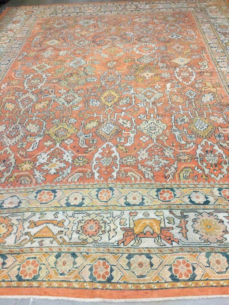 Wool Antique Turkish Oushak Rug  12'2 x 15'2 For Sale