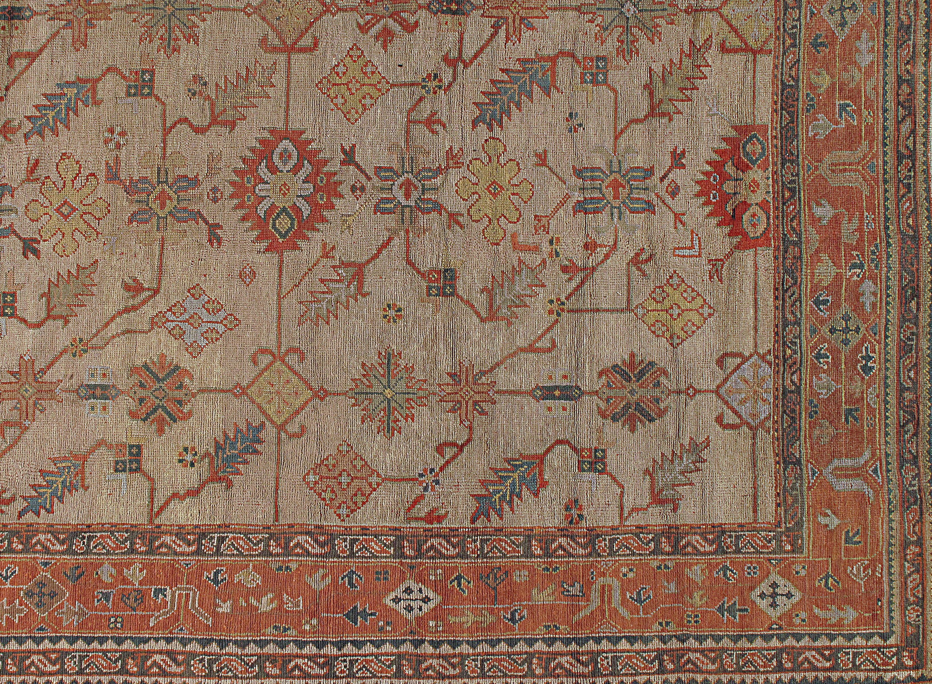 Antique Turkish Oushak rug, 13' x 19'. Oushak in western Turkey has the longest continuous rug weaving history, stretching back at least to the mid-fifteenth century. It has always been oriented commercially, supplying rugs and carpets, from