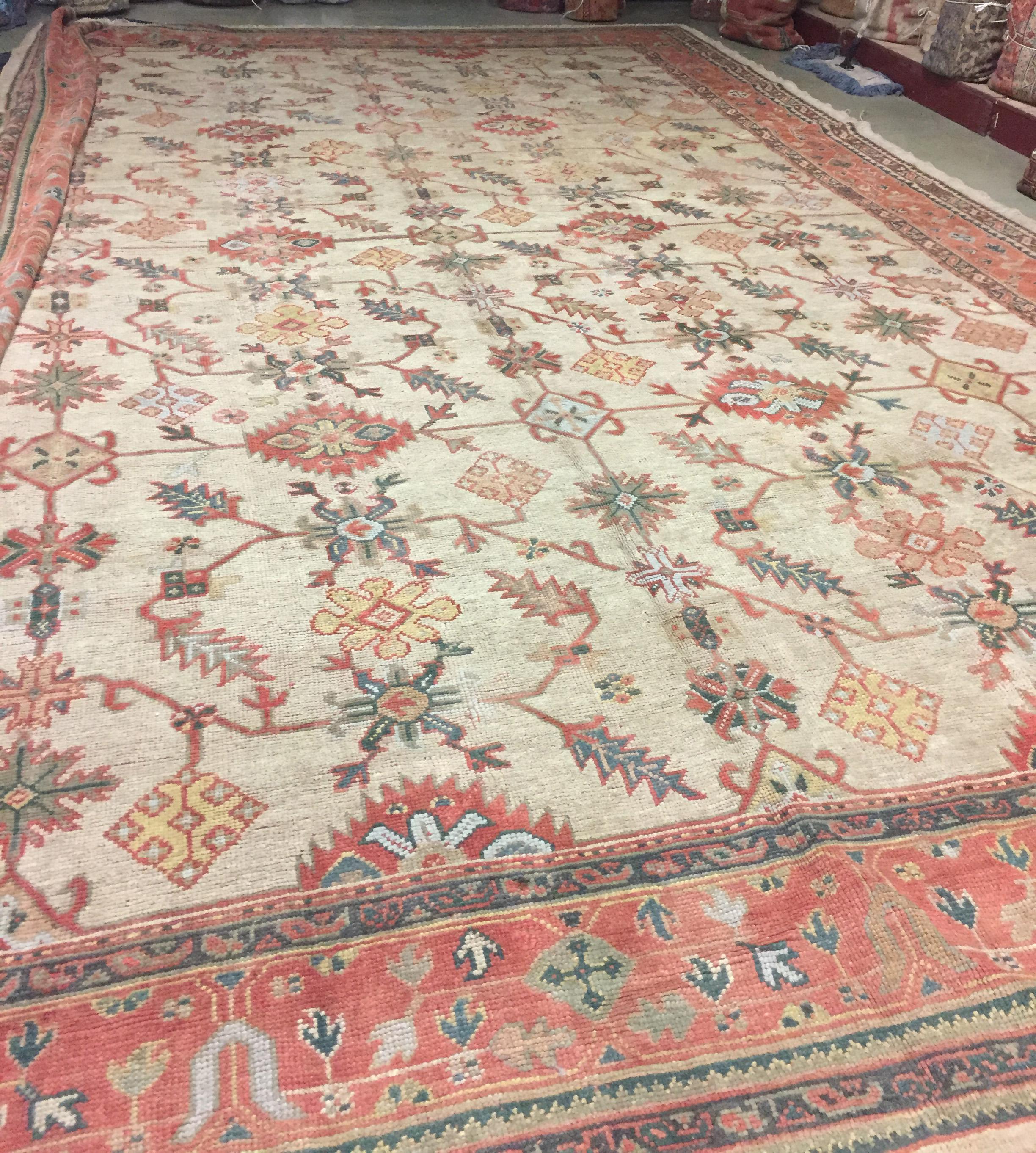 Hand-Woven Antique Turkish Oushak Rug, 13' x 19' For Sale
