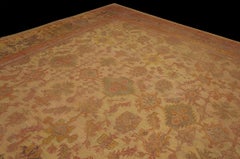 1900s Ivory Peach Green Antique Turkish Oushak Carpet 17' 6" x 18' Wool Rug