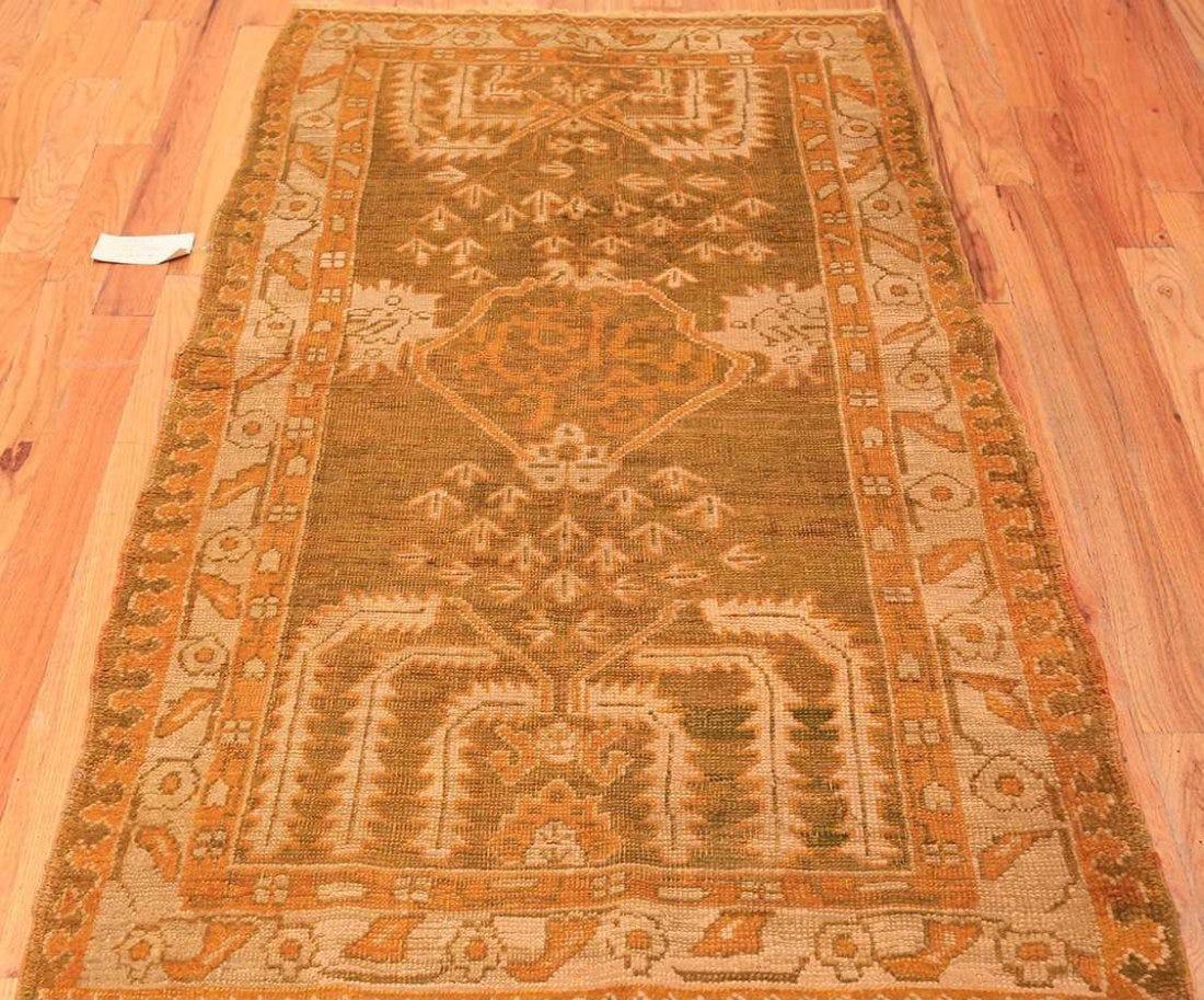 Green Color Background Decorative Antique Turkish Oushak rug, Country of Origin: Turkey, Circa Date: 1900 - Size: 3 ft 5 in x 6 ft 5 in (1.04 m x 1.96 m).