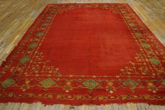 1880s Red Geometric Antique Turkish Oushak Carpet 9'10'' x 13'3'' Pile Wool Rug