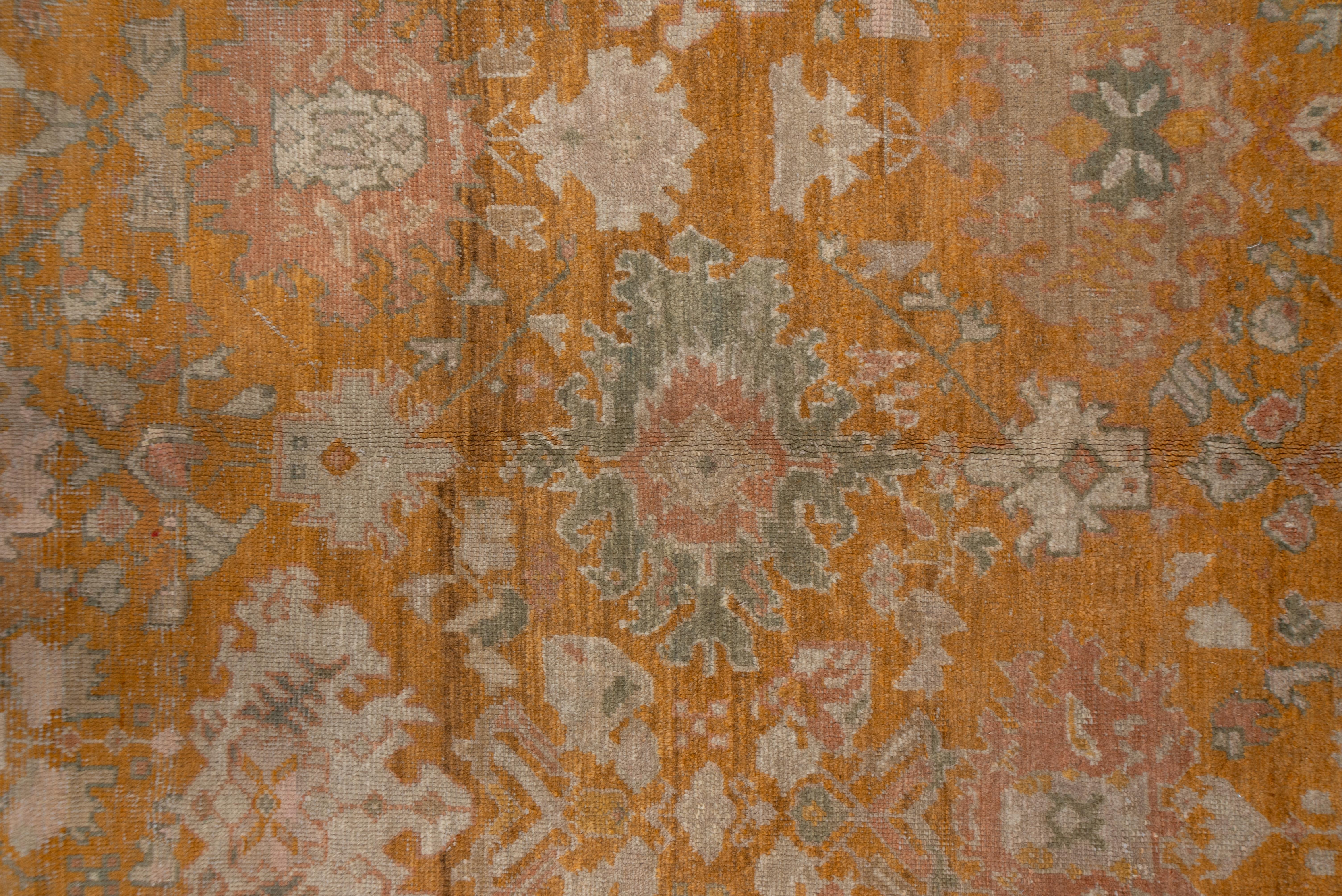 Antique Turkish Oushak Rug, Allover Orange Harshang Design Field, Pink Borders In Good Condition In New York, NY