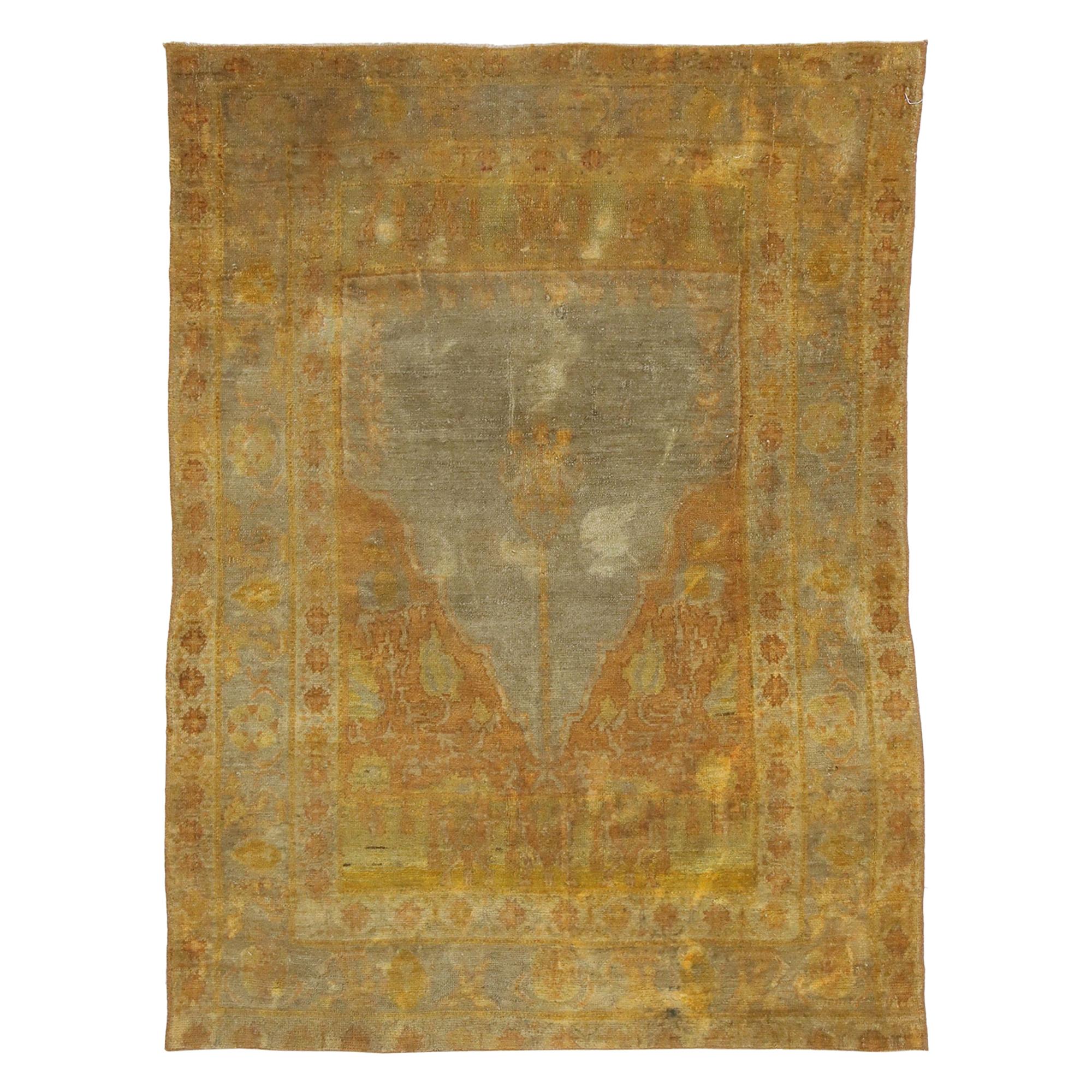 Antique Turkish Oushak Rug, Anatolian Prayer Rug with Rustic Belgian Style