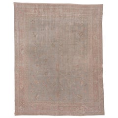 Antique Turkish Oushak Rug, Baby Blue Field, Pink Borders, Pastel Tones