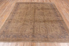 Antique Turkish Oushak Rug, Beige FIeld, Periwinkle Borders, Light Pink Accents