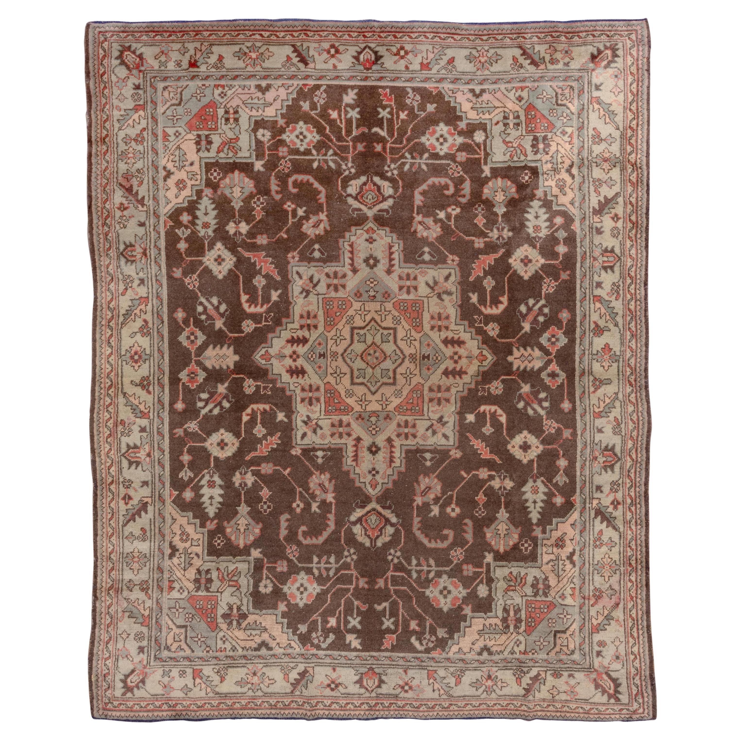 Antique Turkish Oushak Rug, Brown Field, Coral and Sage Green Tones