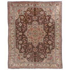 Antique Turkish Oushak Rug, Brown Field, Coral and Sage Green Tones