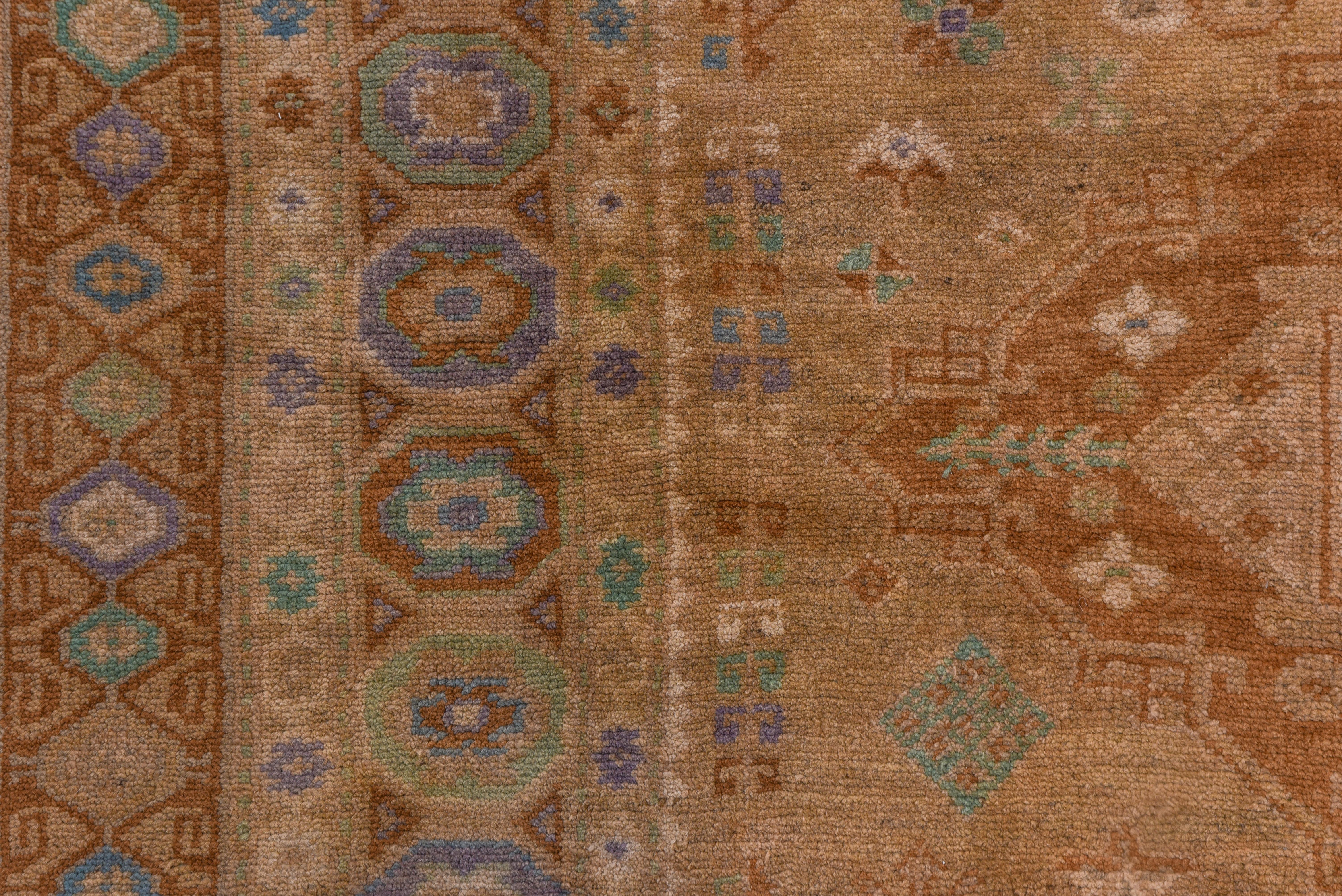Hand-Knotted Antique Turkish Oushak Rug, Brown Field, Purple & Green Accents, Sumak Style For Sale