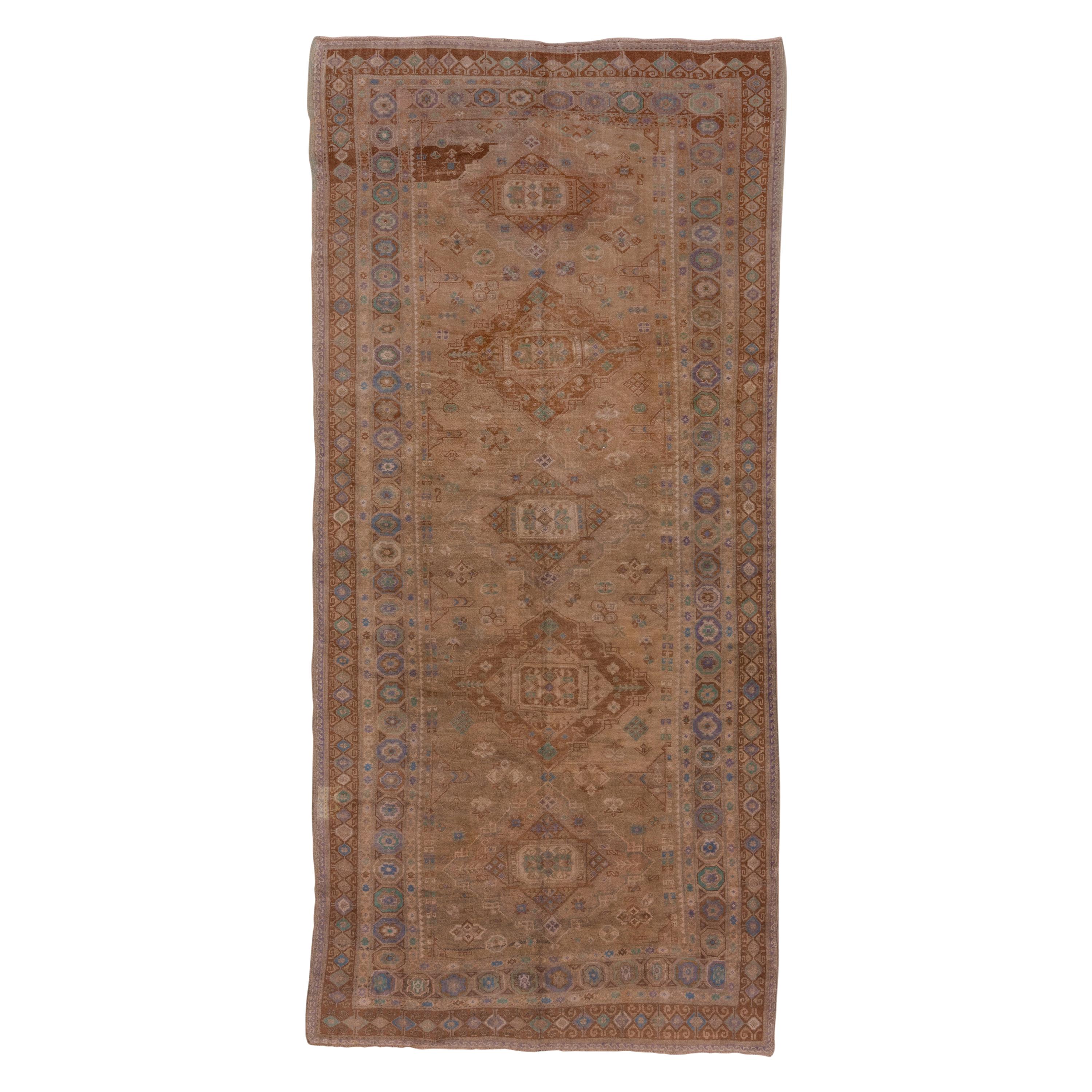 Antique Turkish Oushak Rug, Brown Field, Purple & Green Accents, Sumak Style For Sale