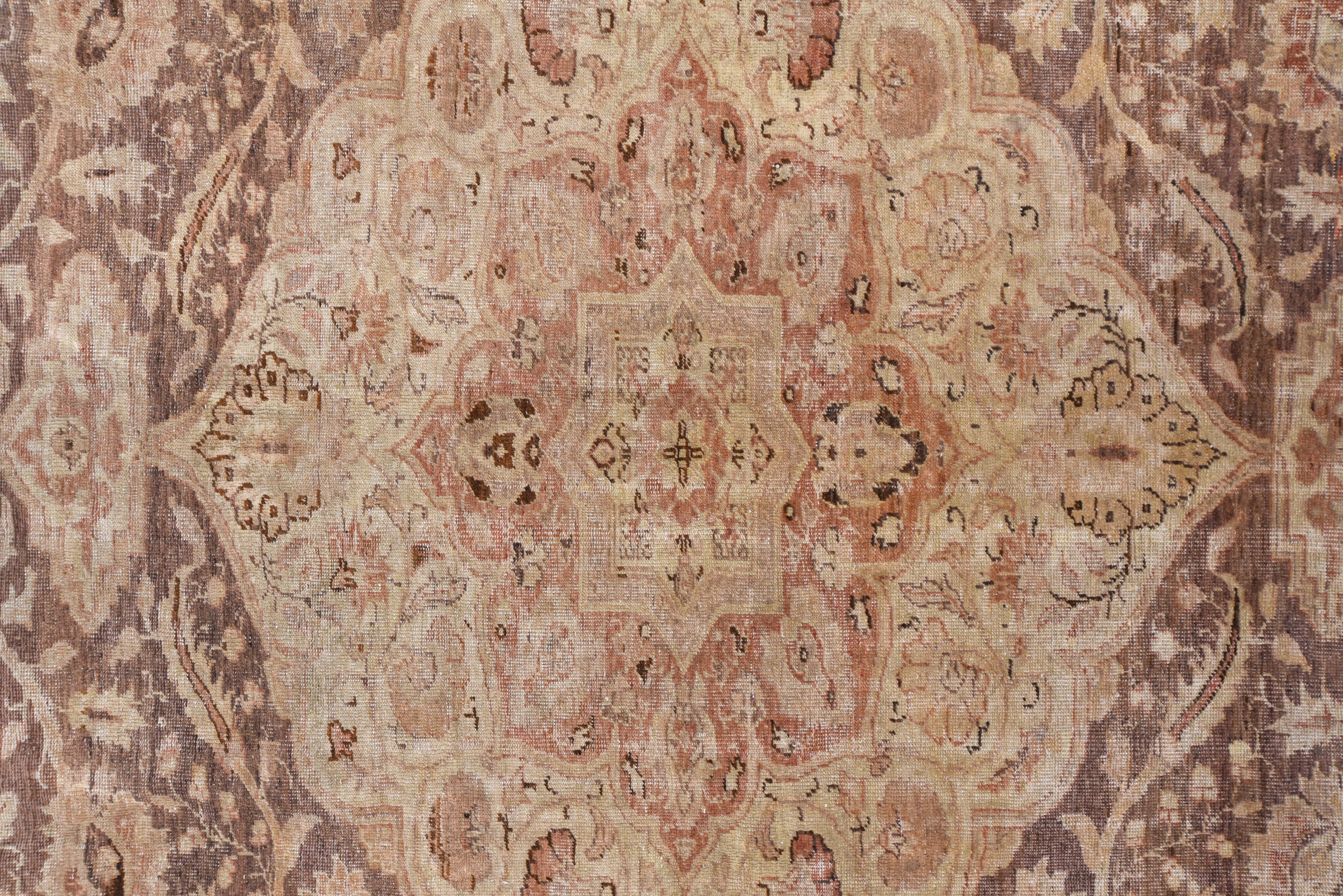 Antique Turkish Oushak Rug, Brown Field, Salmon Borders, Curvilinear Medallion In Good Condition For Sale In New York, NY