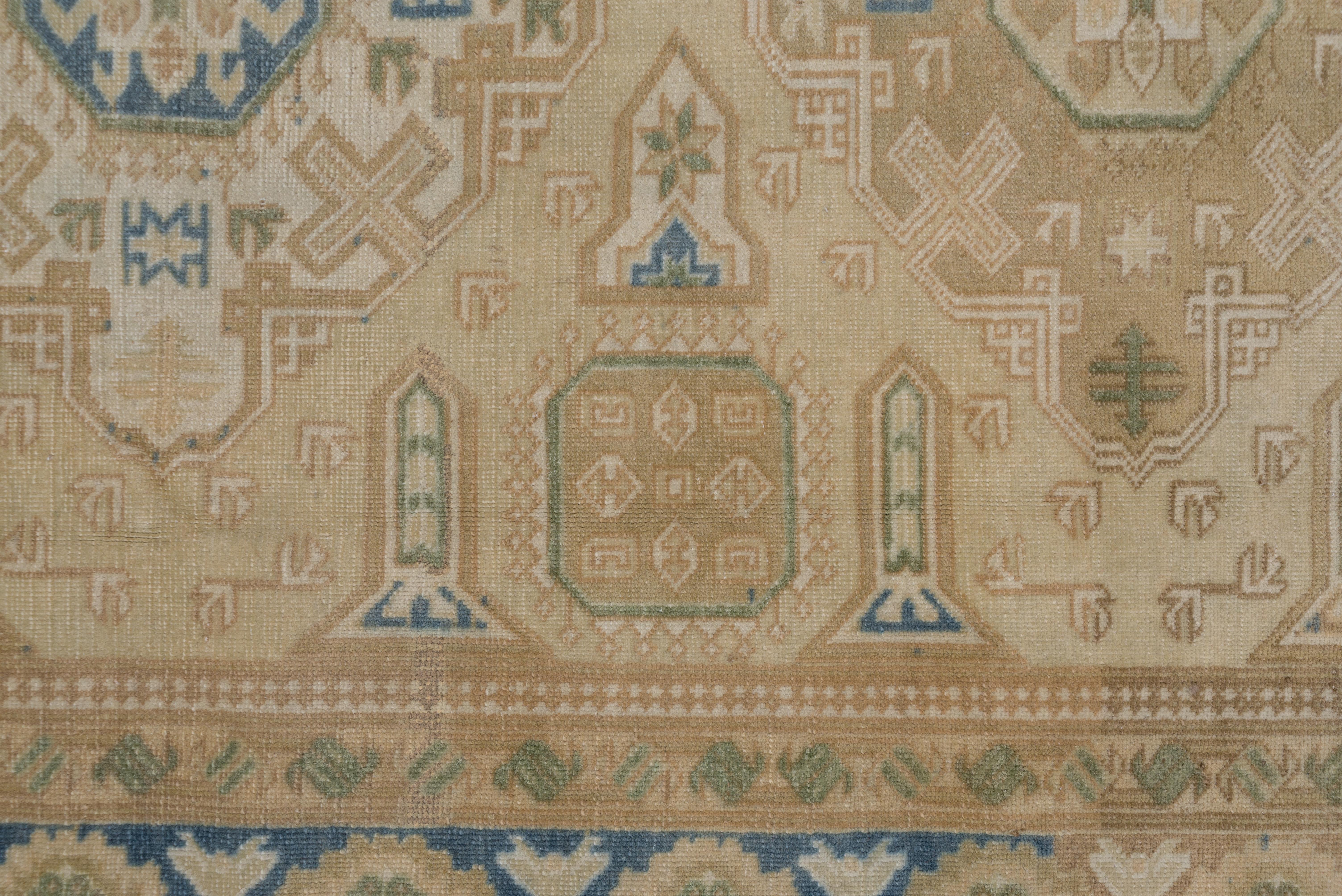 Hand-Knotted Antique Turkish Oushak Rug, Camel & Beige Palette, Green & Blue Accents