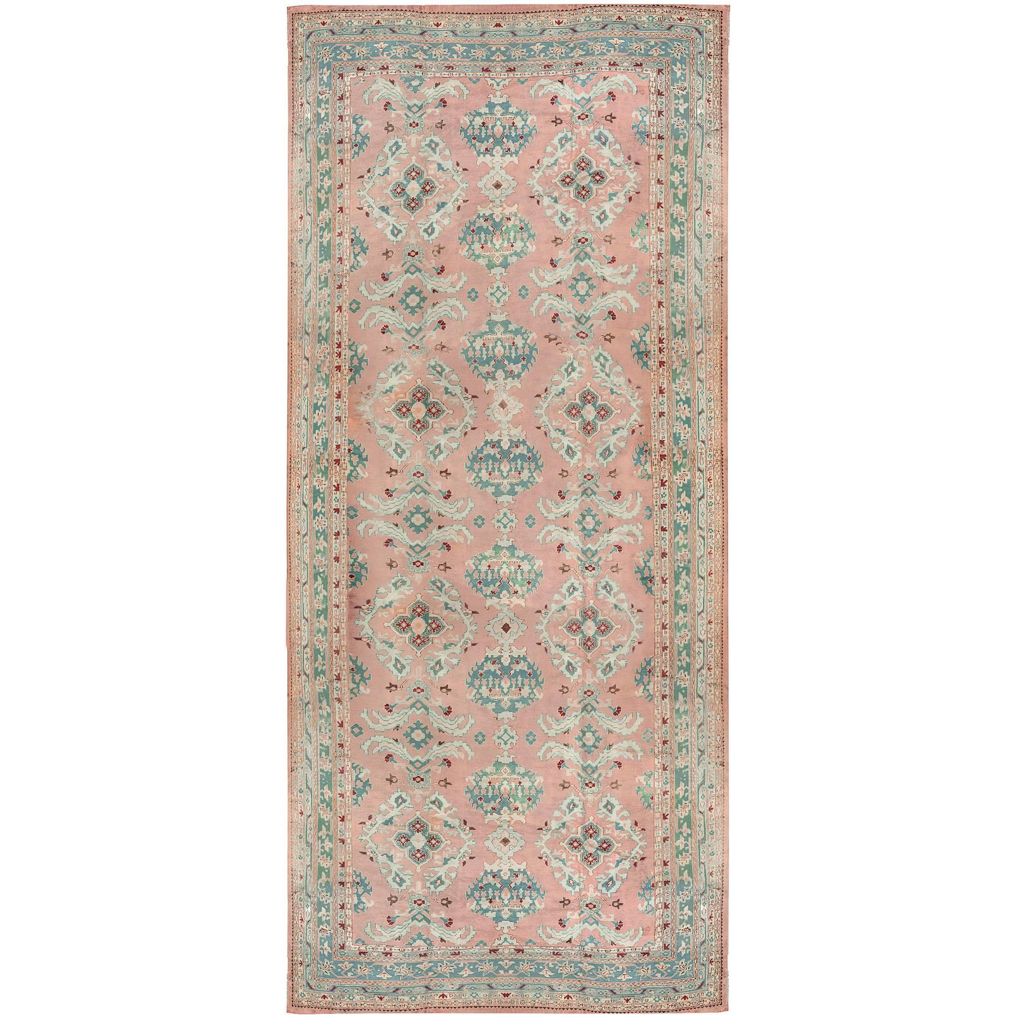 Antique Turkish Oushak Handwoven Luxury Wool Rose/Green Rug 12'-6" X 27' Size For Sale