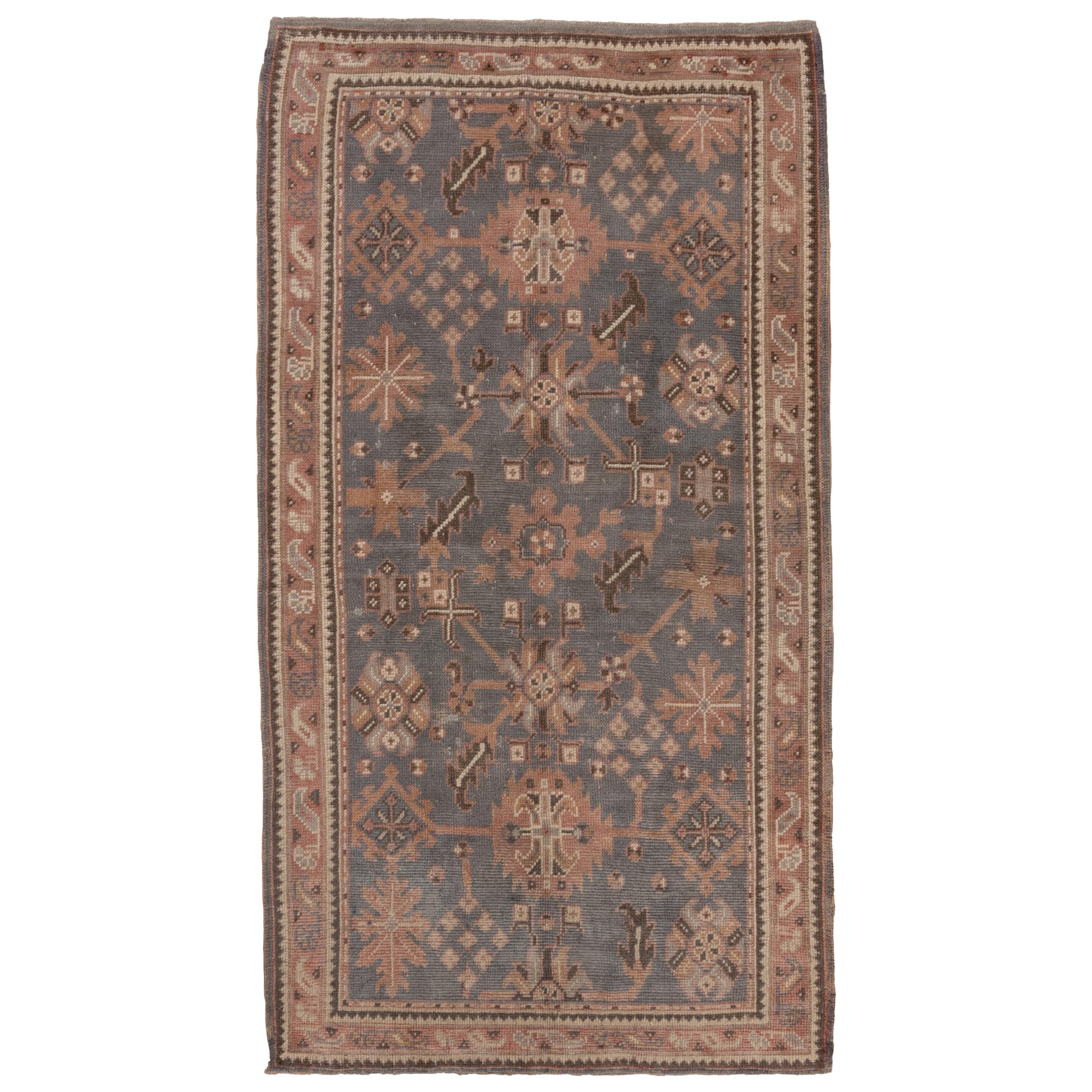 Antique Turkish Oushak Rug, Dark Gray All-Over Field, Coral Borders, circa 1920s For Sale
