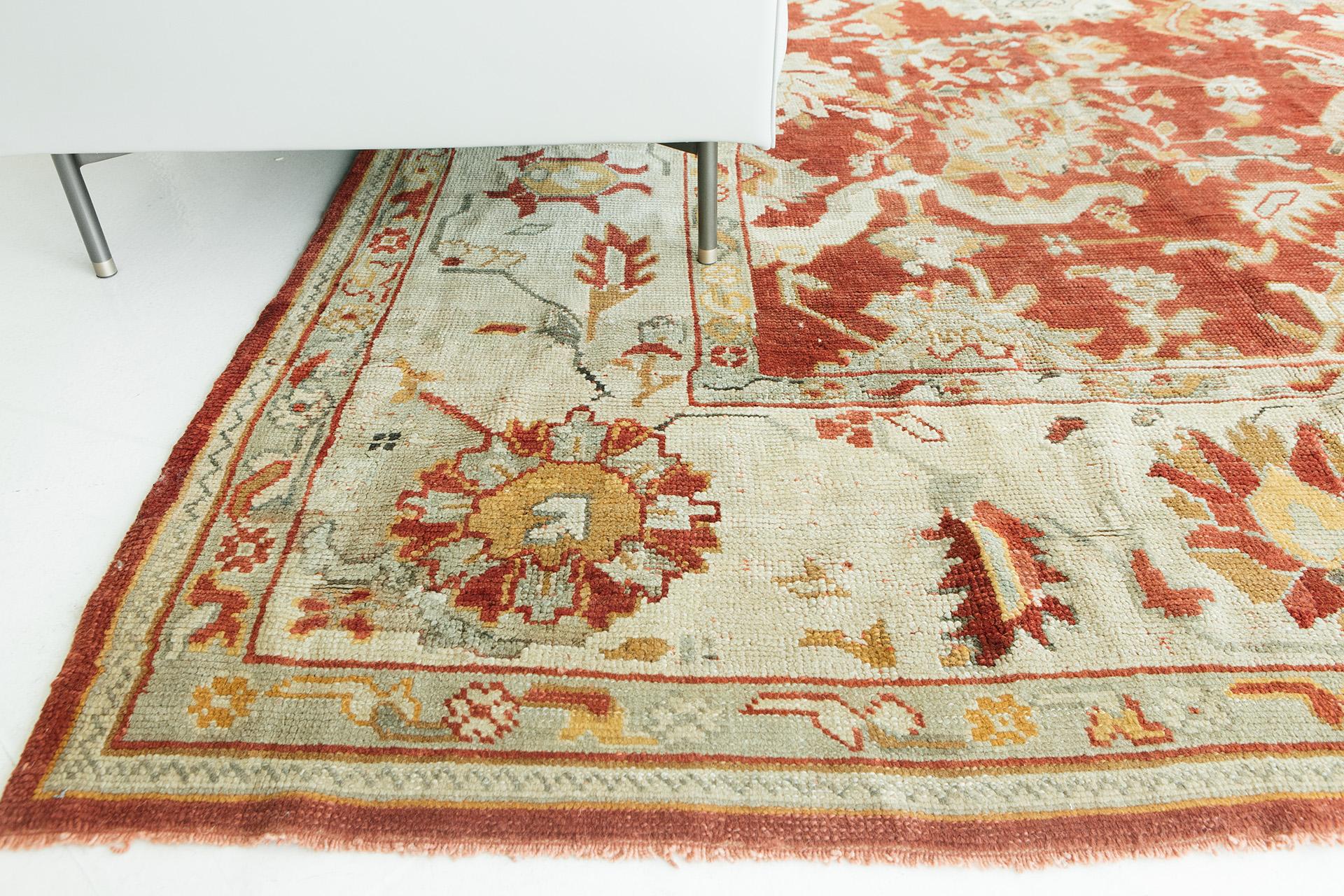 Vivid colors of red, apricot, natural white and eggshell blue are woven through this soft and lustrous wool. This highly decorative hand woven rug is from the late 19th century. 






Rug number 17100
Size 11' 9