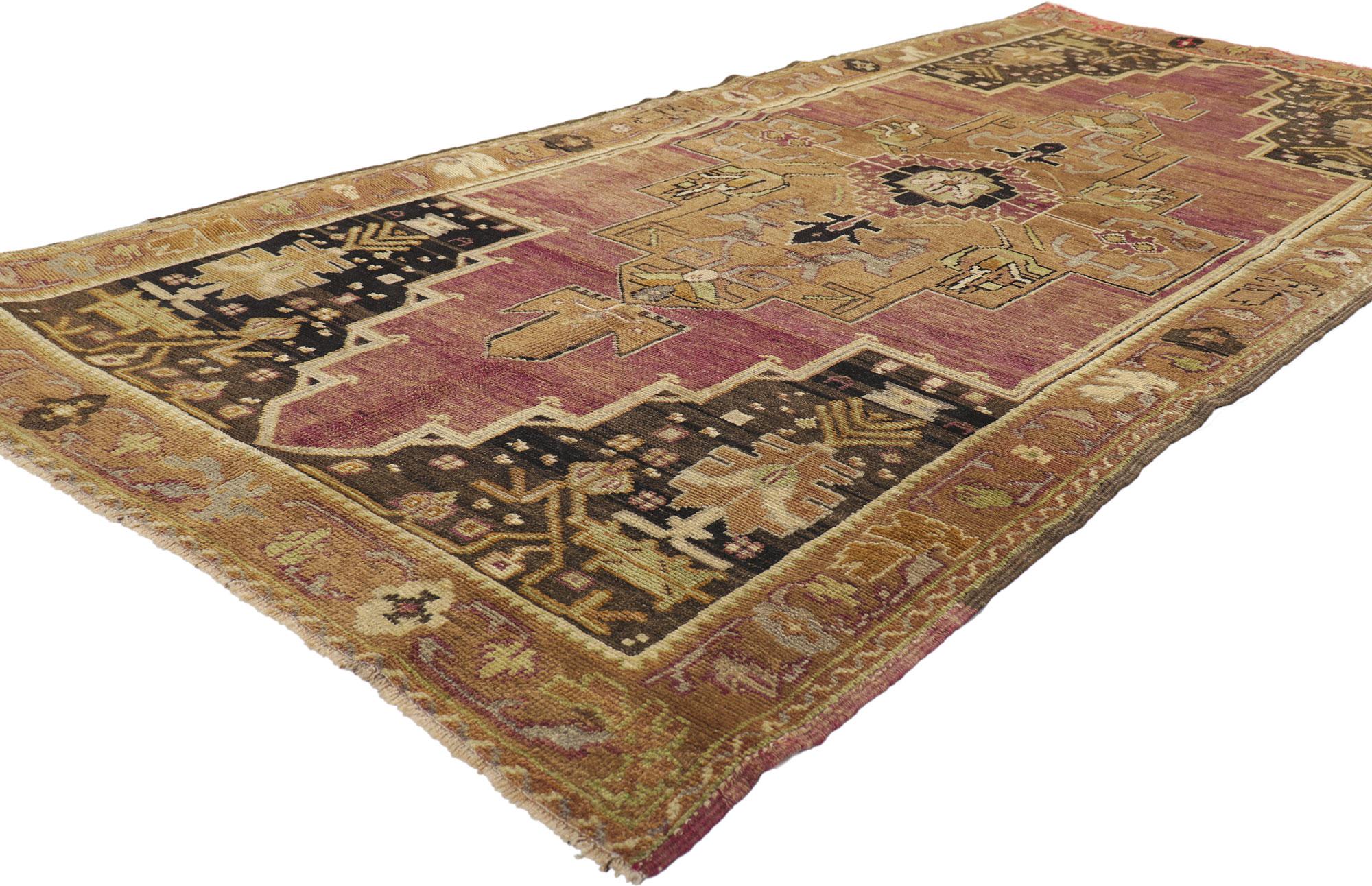 50291 Antique Turkish Oushak Rug, 03’08 x 08’02. This hand-knotted wool antique Turkish Oushak rug serves as a captivating testament to the rich culture of Anatolian history and tribal artistry. Its intricate design unfolds against a backdrop of