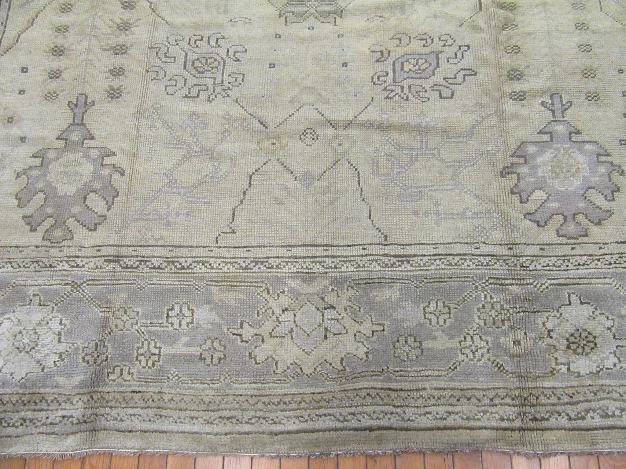 Antique Wide And Long Hand Knotted Wool Turkish Oushak Rug In Good Condition For Sale In Atlanta, GA