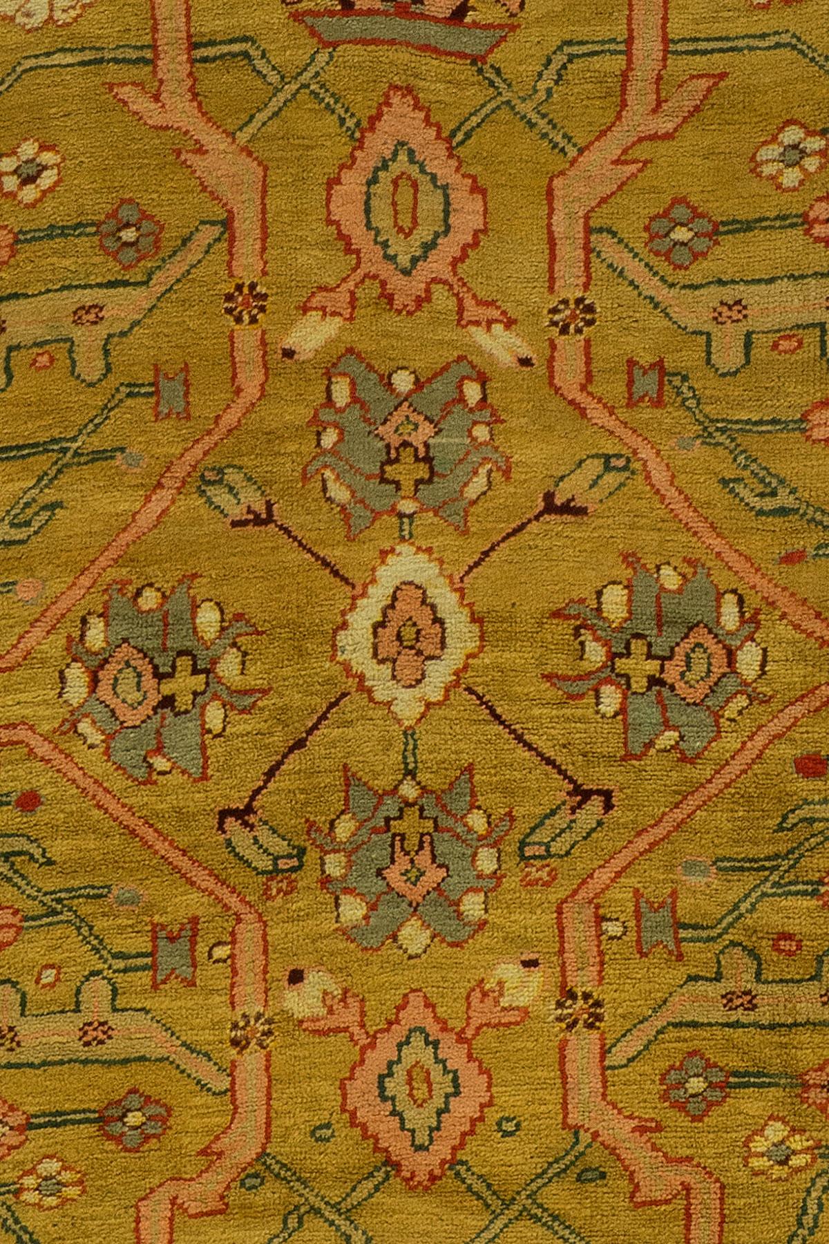 Hand-Woven Zabihi Collection Large Green Antique Turkish Oushak Rug For Sale
