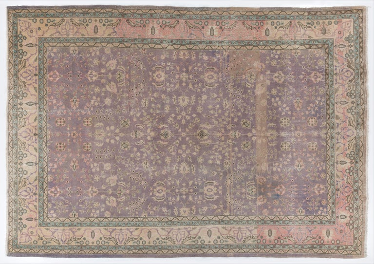 Vintage Oushak Rug in Soft Lavender, Mint Green and Beige Colors For
