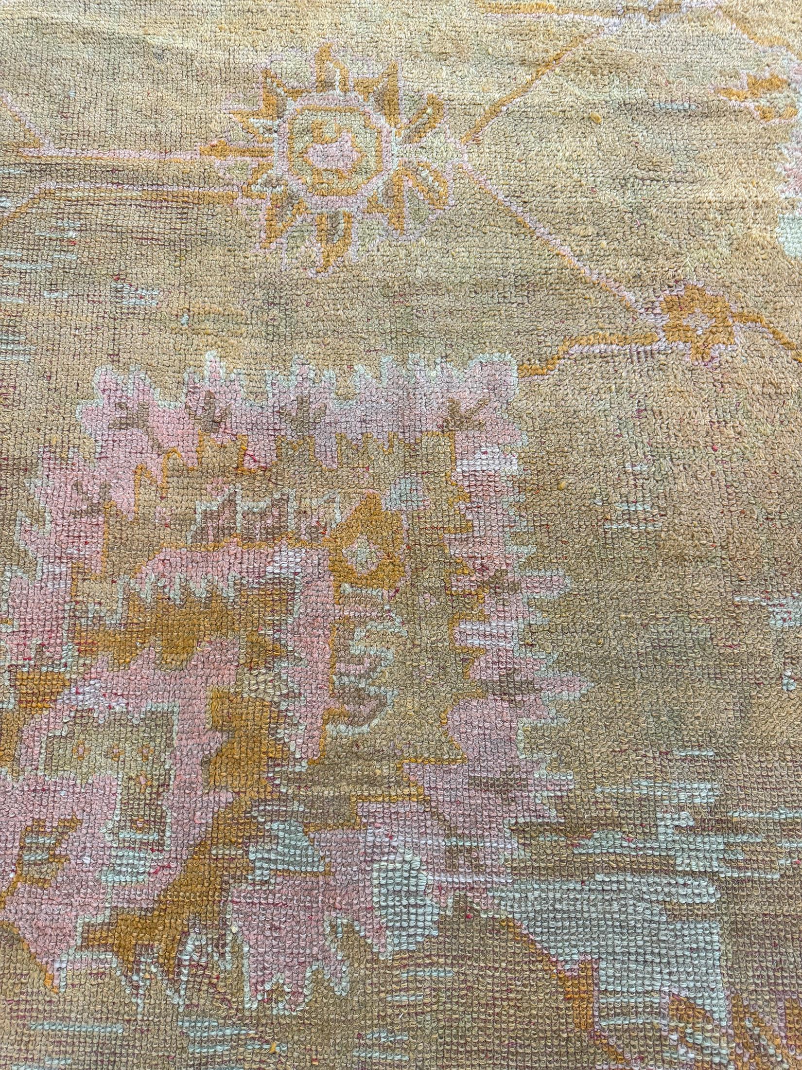 handwoven in Oushak Turkey circa 1880. A village workshop weaving of Classic style and structure.

Construction: All wool pile on a wool foundation, non depressed warp weave using Turkish knotting technique, multiple cord wrapped selvedge, short