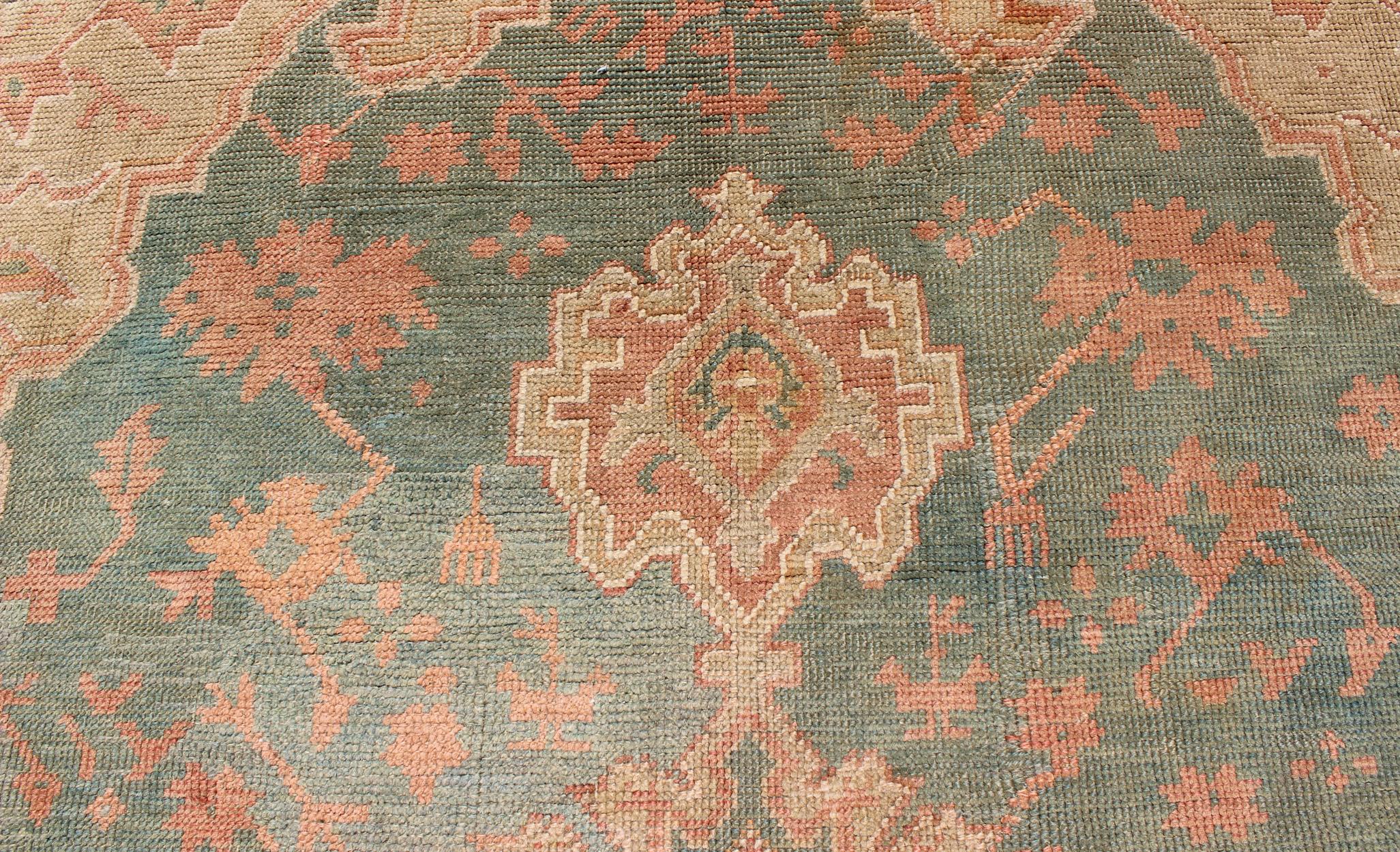 Antique Turkish Medallion Oushak Rug in Teal Green, Rose and Buttery Colors 2