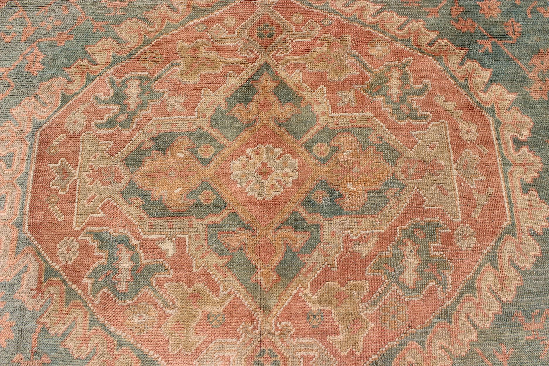 Antique Turkish Medallion Oushak Rug in Teal Green, Rose and Buttery Colors 3