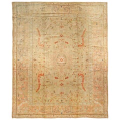 Ancien tapis turc Oushak beige botanique