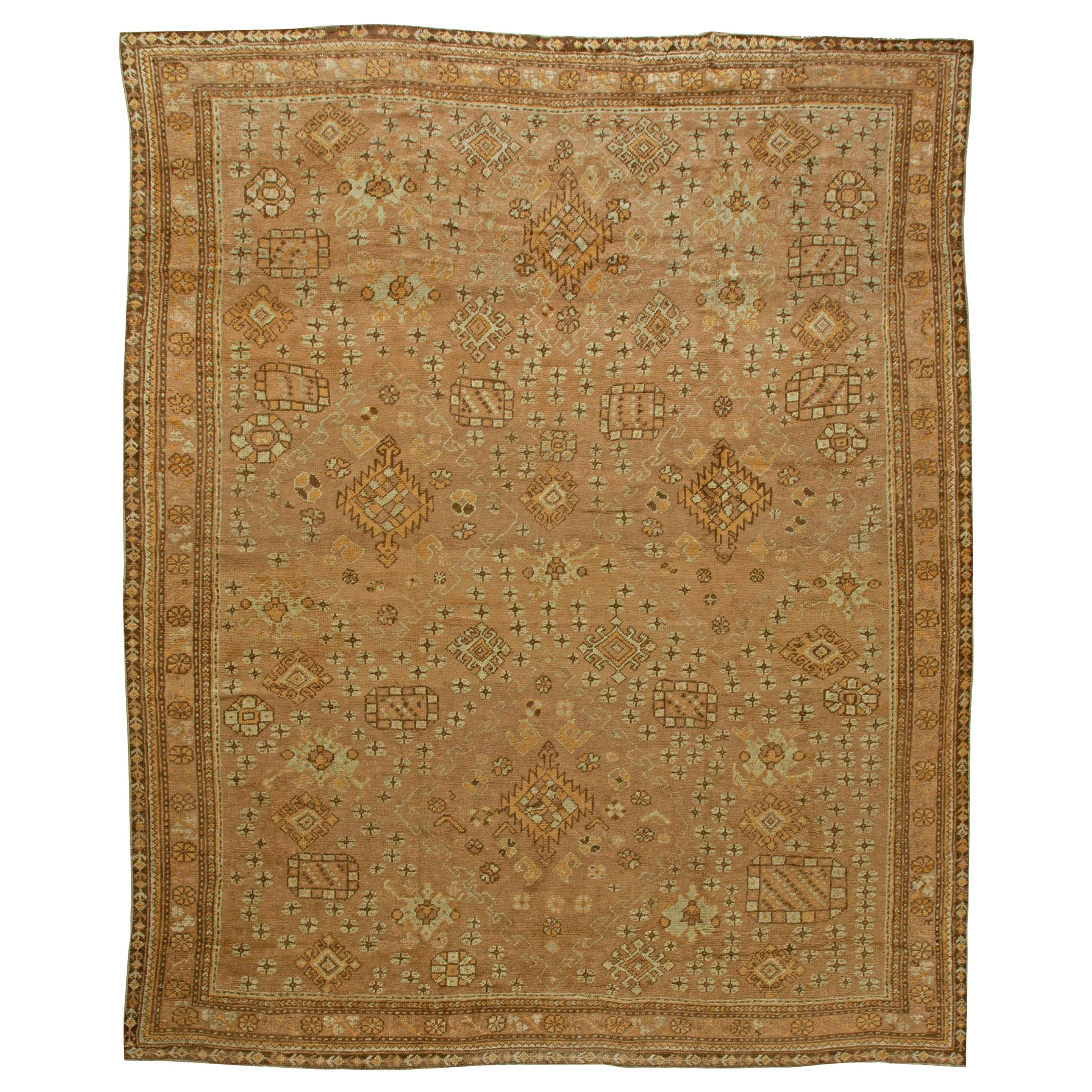 Antique Turkish Oushak Brown Handwoven Wool Rug For Sale