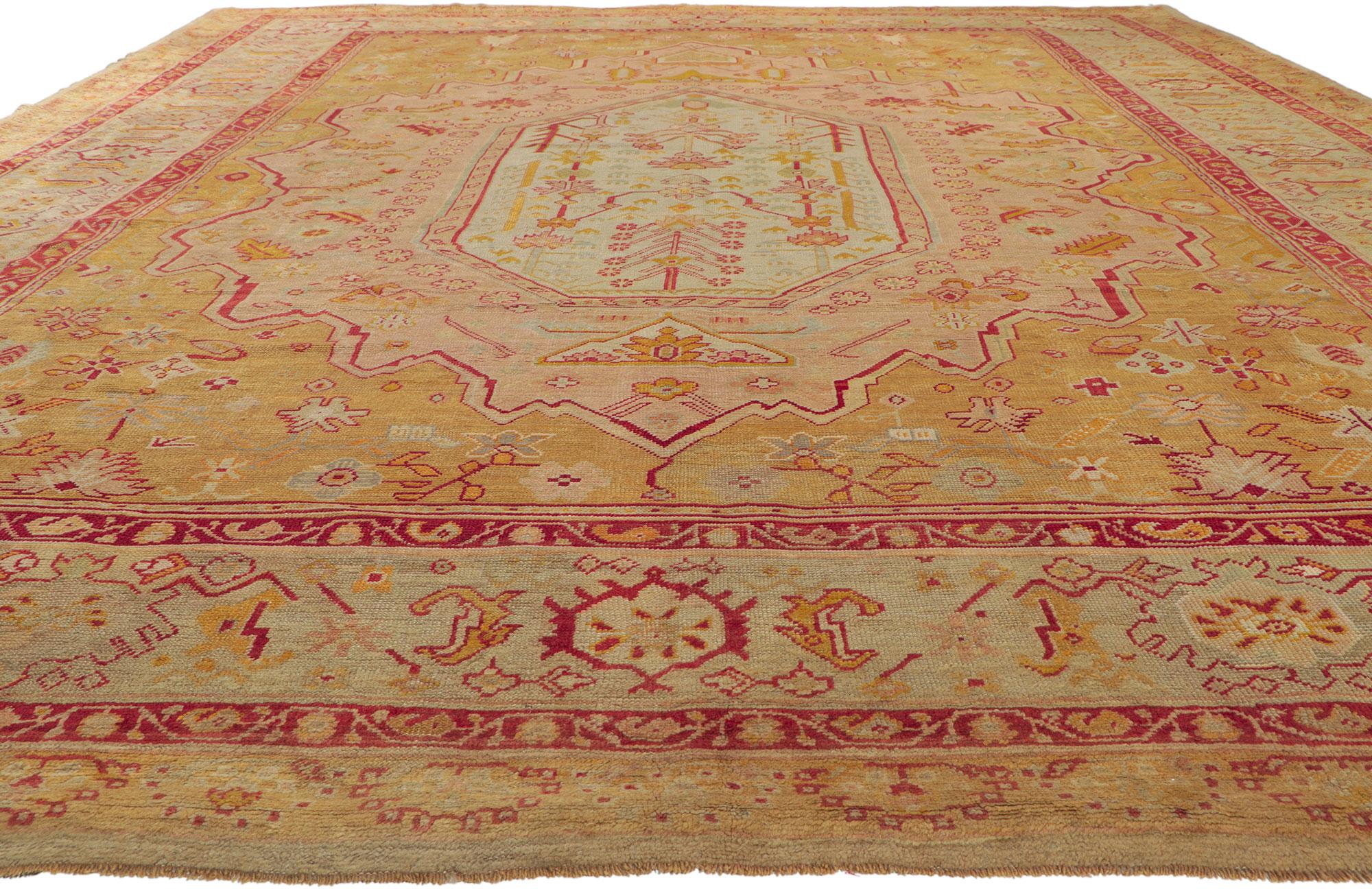Hand-Knotted Antique Turkish Oushak Rug, French Provincial Meets Cosmopolitan Chic For Sale