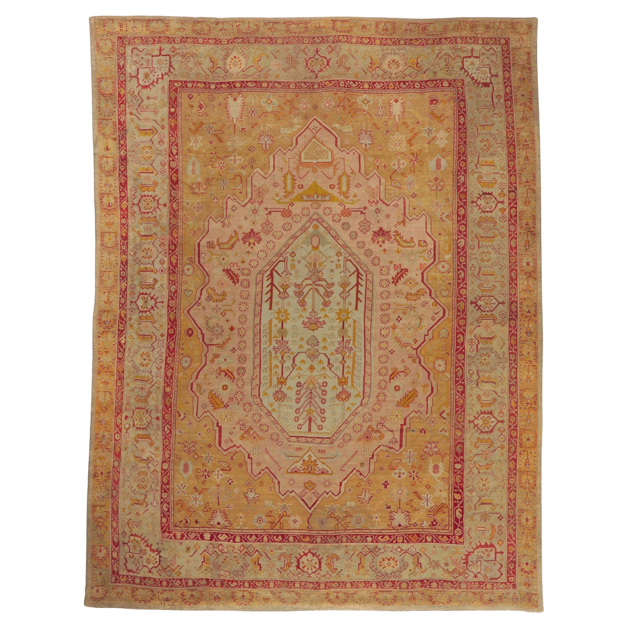 Antique Turkish Oushak Rug, French Provincial Meets Cosmopolitan Chic For Sale