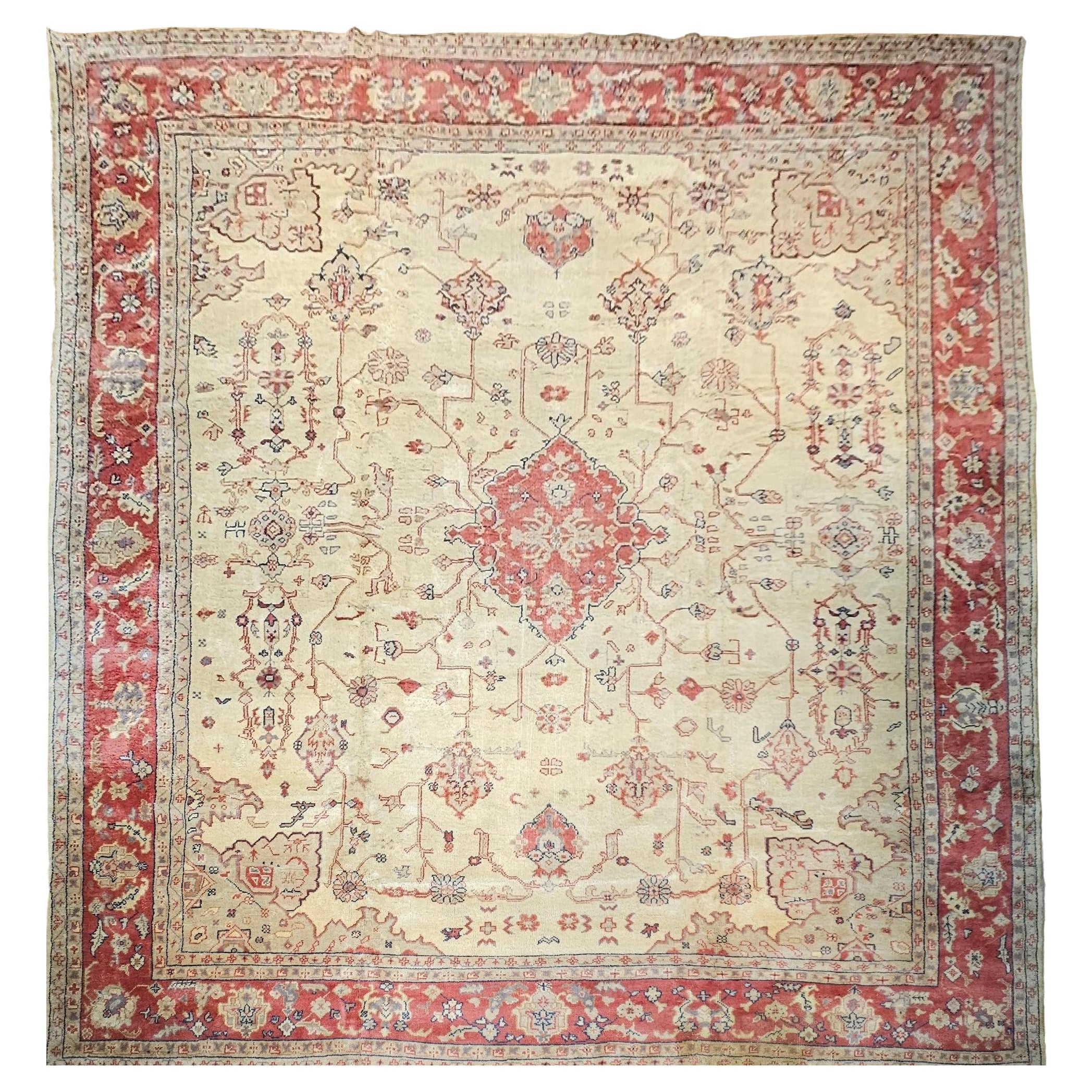 Tappeto turco antico Oushak, in lana annodato a mano, motivo geometrico su tutta la superficie, 14' x 15'