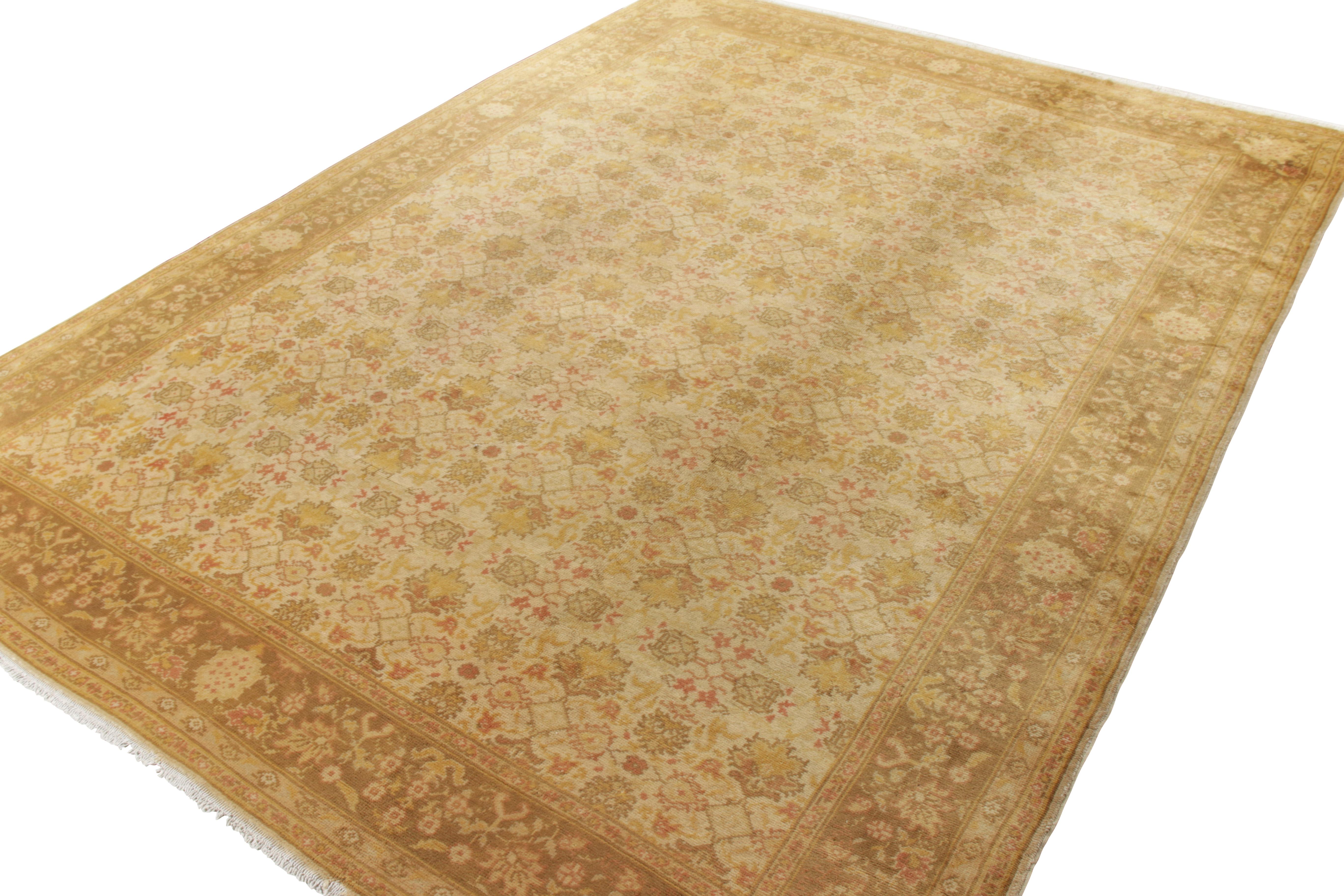 Turkish Vintage Oushak-Style European Rug in Gold and Beige-Brown Floral Pattern For Sale