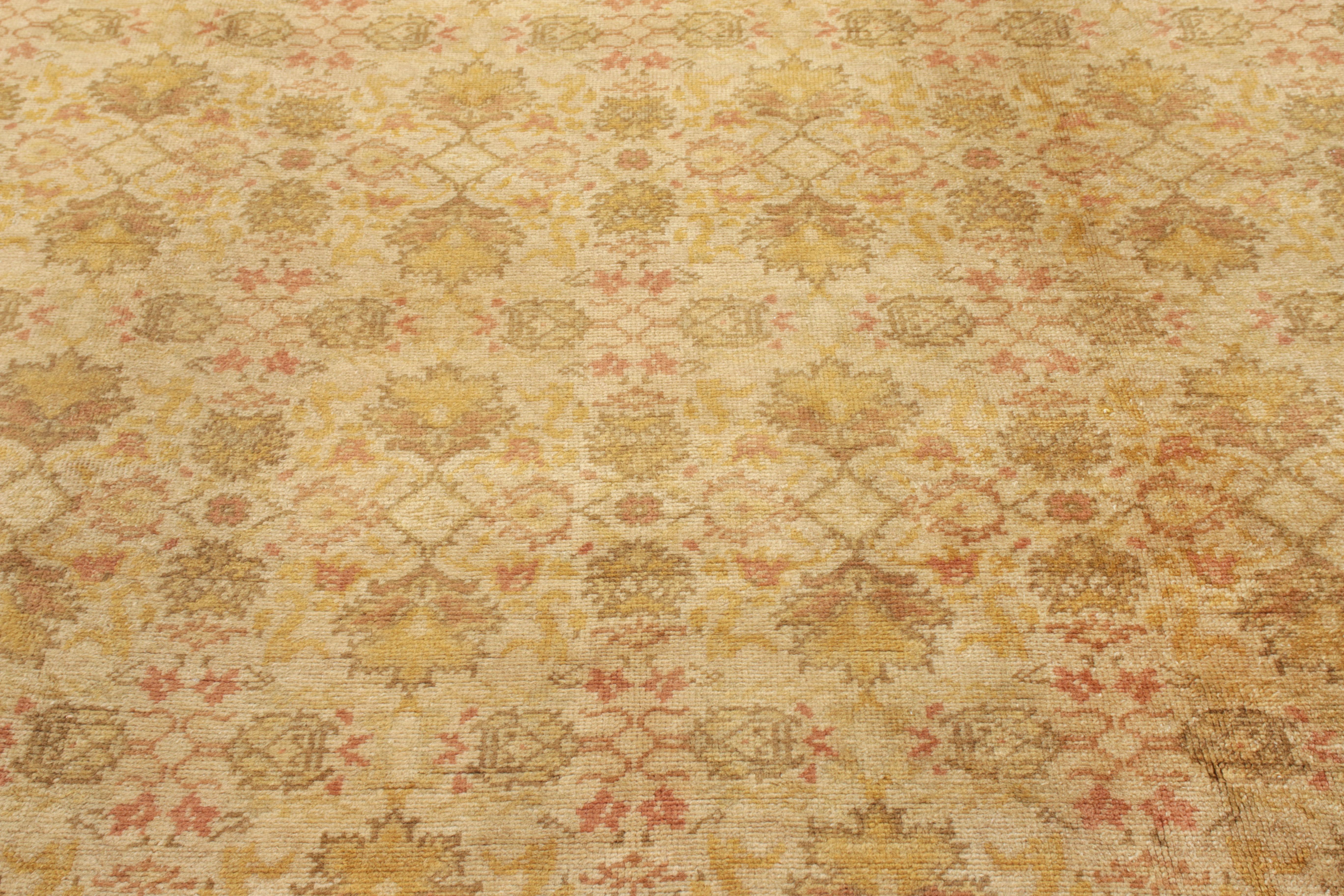 Hand-Knotted Vintage Oushak-Style European Rug in Gold and Beige-Brown Floral Pattern For Sale