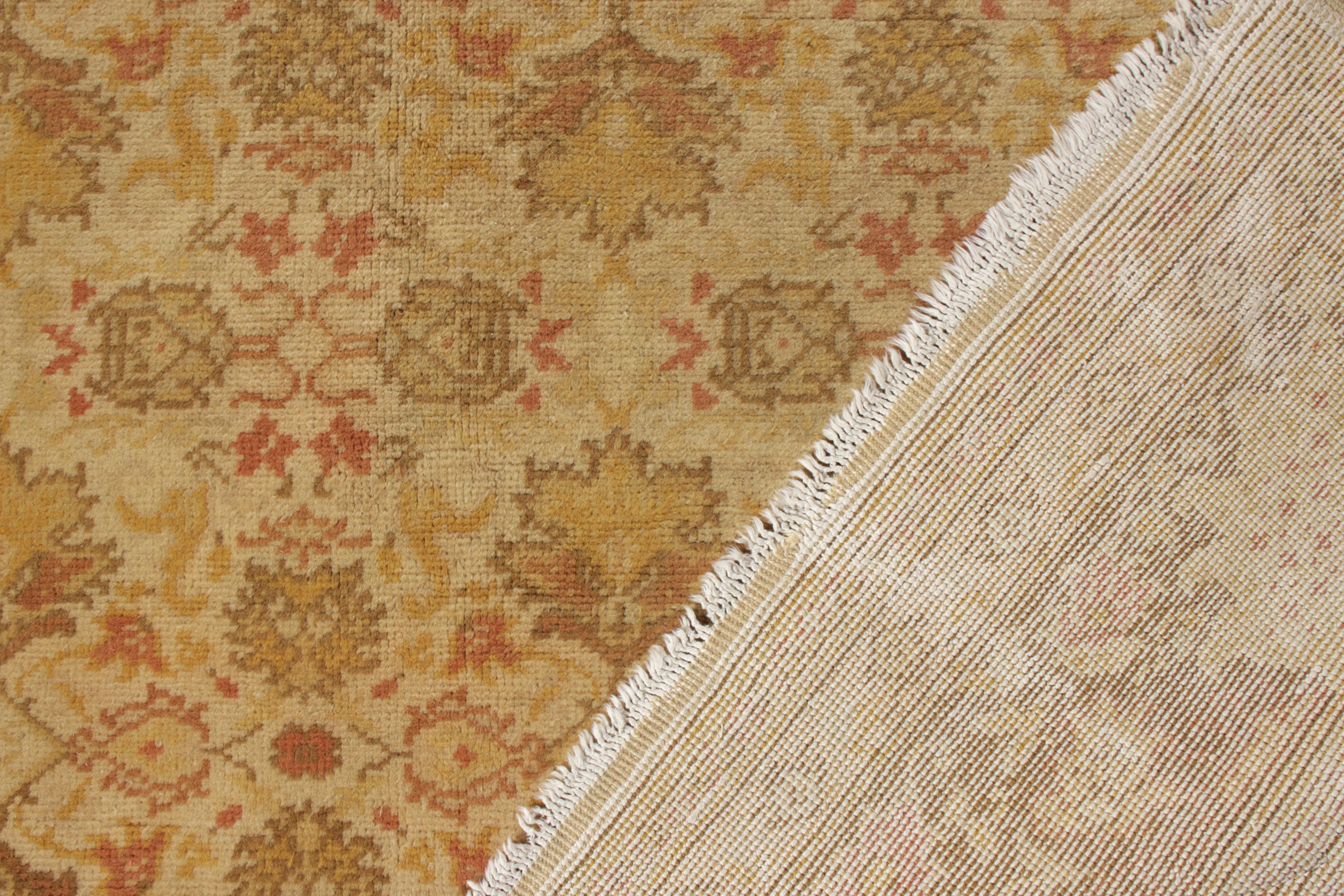 Vintage Oushak-Style European Rug in Gold and Beige-Brown Floral Pattern In Good Condition For Sale In Long Island City, NY