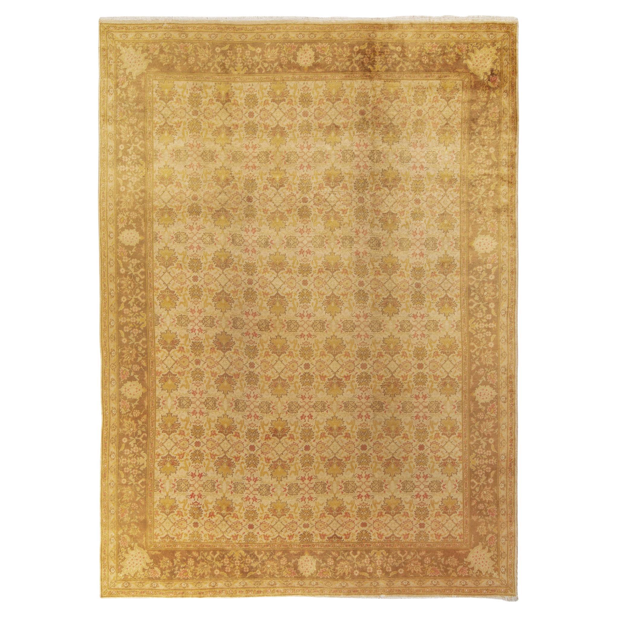 Vintage Oushak-Style European Rug in Gold and Beige-Brown Floral Pattern For Sale