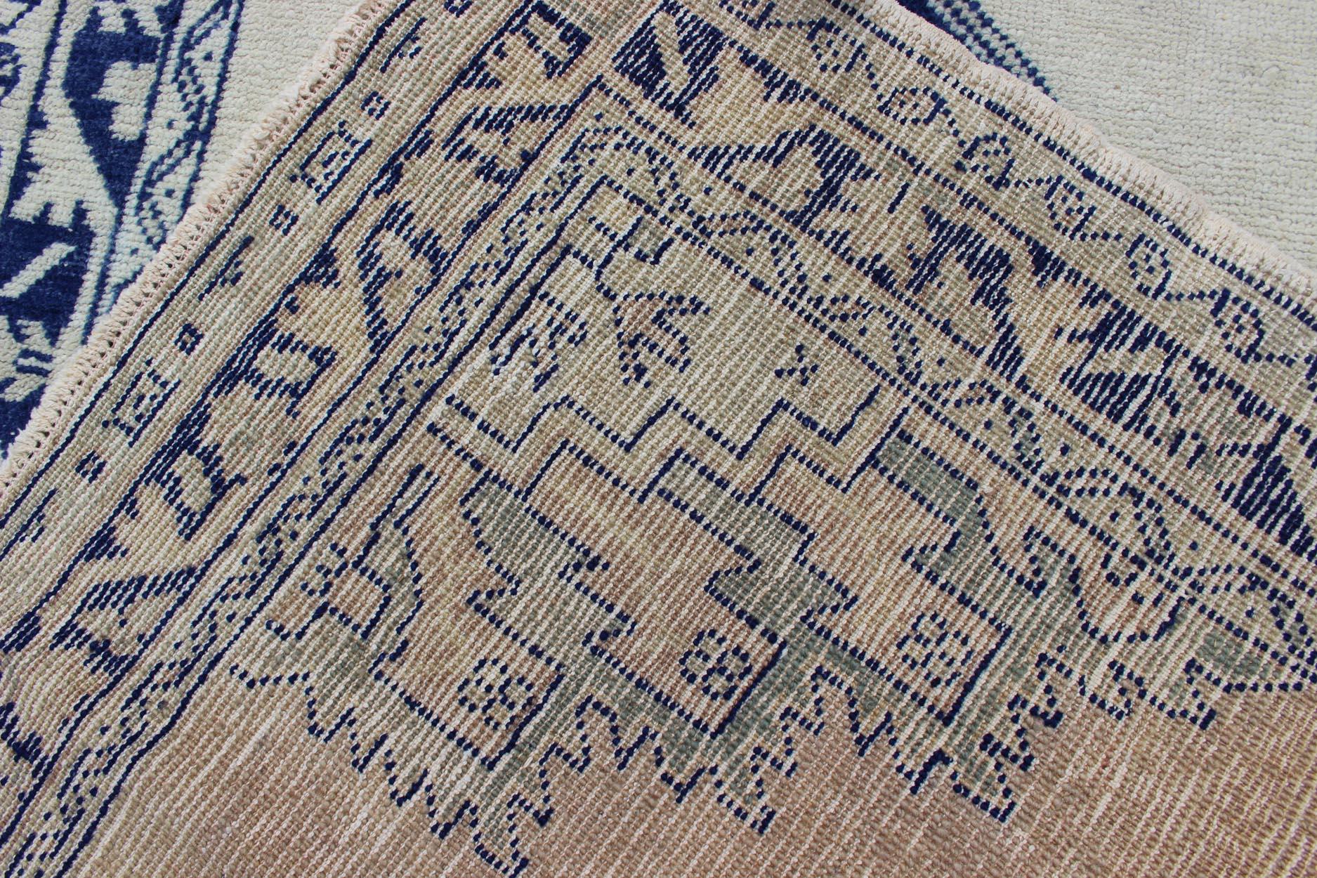 Antique Turkish Oushak Rug in Blue and Cream with Central Medallion For Sale 4