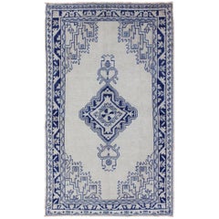 Vintage Turkish Oushak Rug in Blue and Cream with Central Medallion