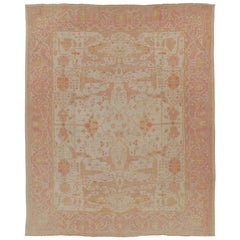 Antique Turkish Oushak Rug in Cream and Pink with Floral Medallion - Rug 
Kilim