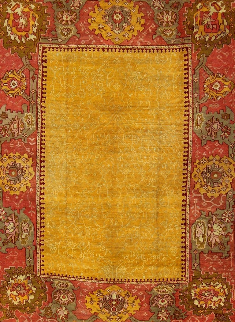 Antique Turkish Oushak Rug in Gold Background with Rose& Green Border ...
