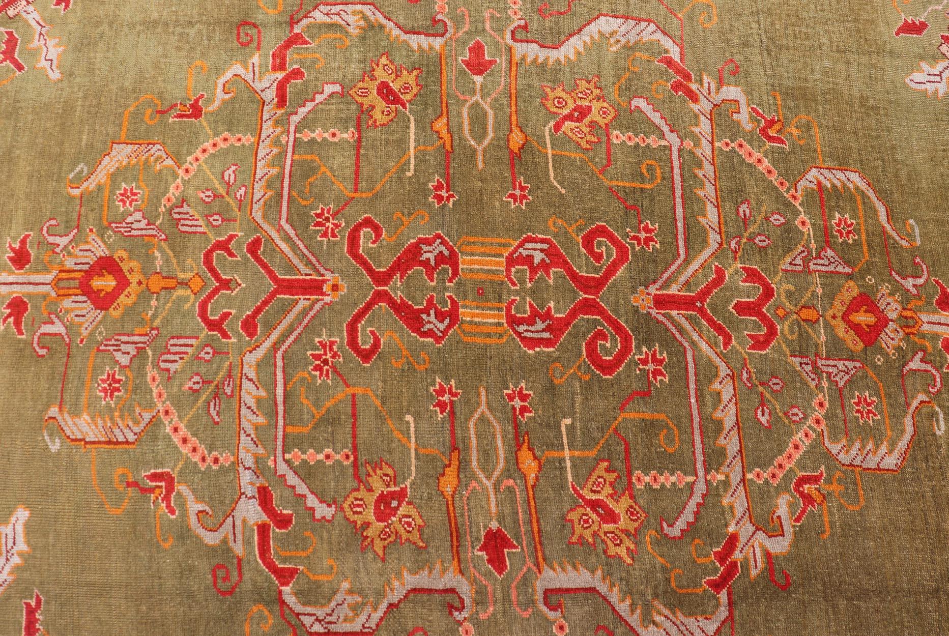 Antique Turkish Oushak Rug in Green Field, Red, Orange & Rich Colorful Accent For Sale 3