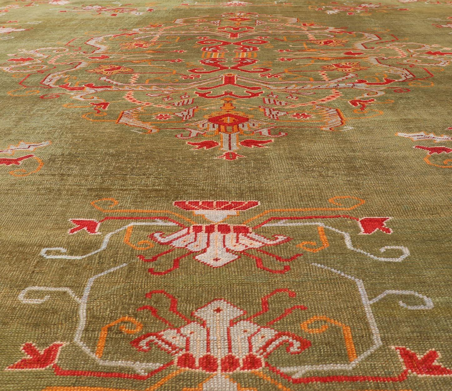 Antique Turkish Oushak Rug in Green Field, Red, Orange & Rich Colorful Accent For Sale 1
