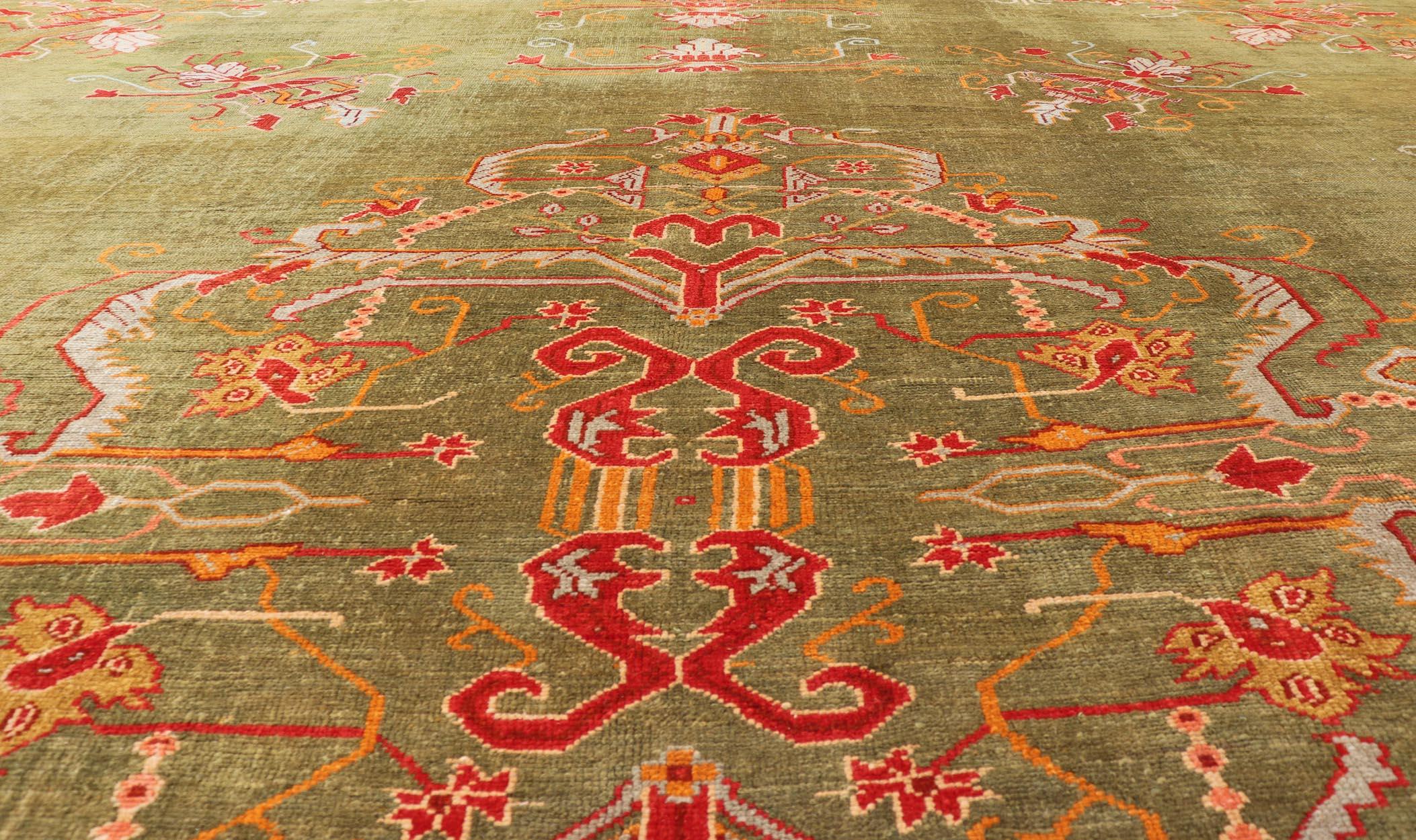 Antique Turkish Oushak Rug in Green Field, Red, Orange & Rich Colorful Accent For Sale 2
