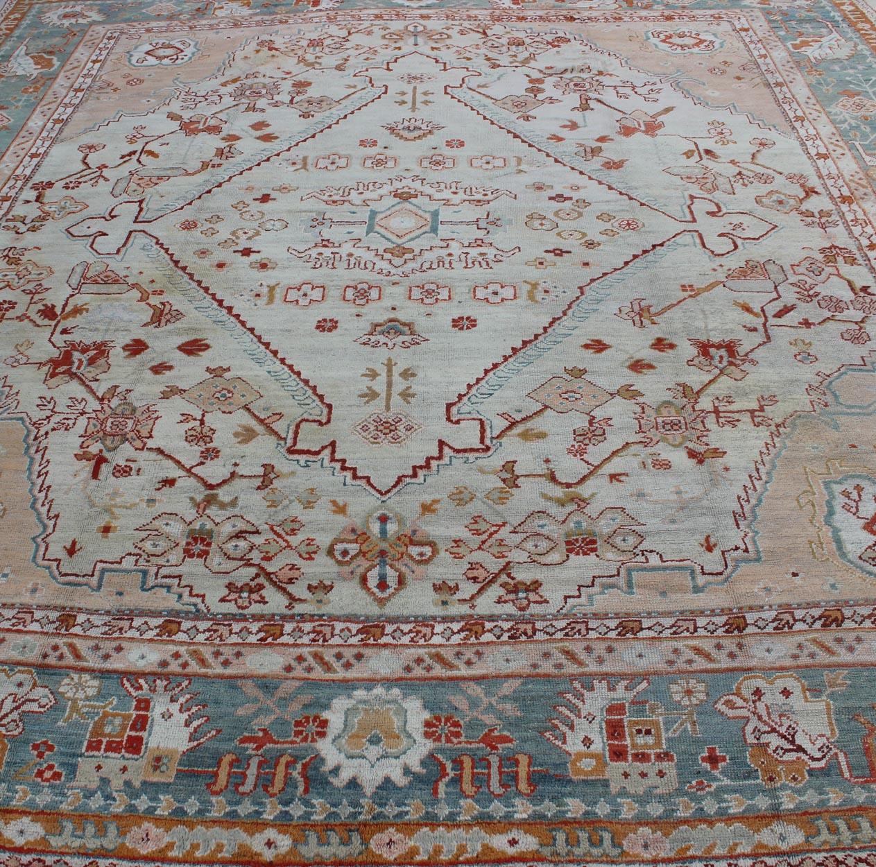 Antique Turkish Oushak Rug in Ice Blue, Taupe Background and Teal Border For Sale 7